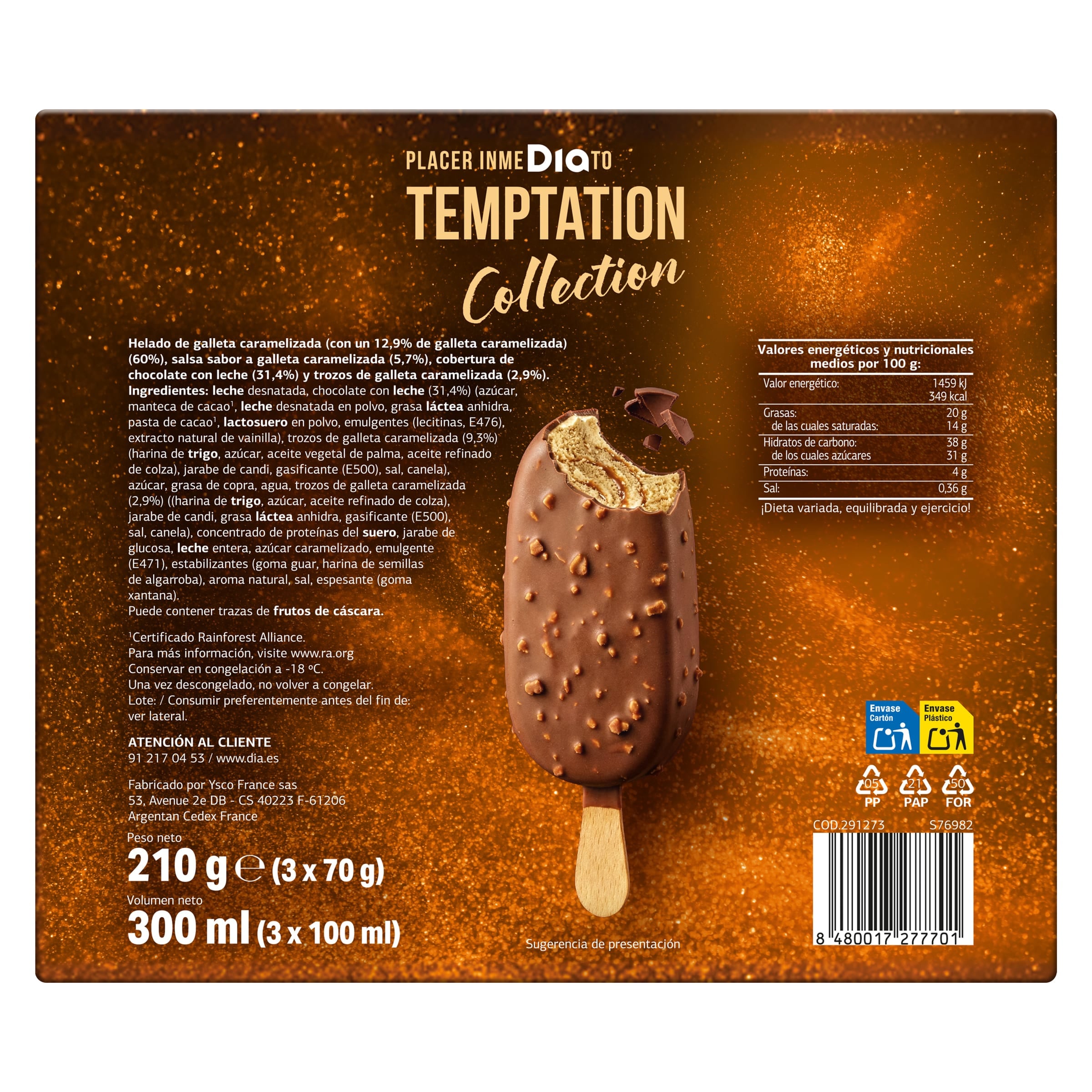 Helado bombón galleta y caramelo Dia Temptation 3 x 71 g