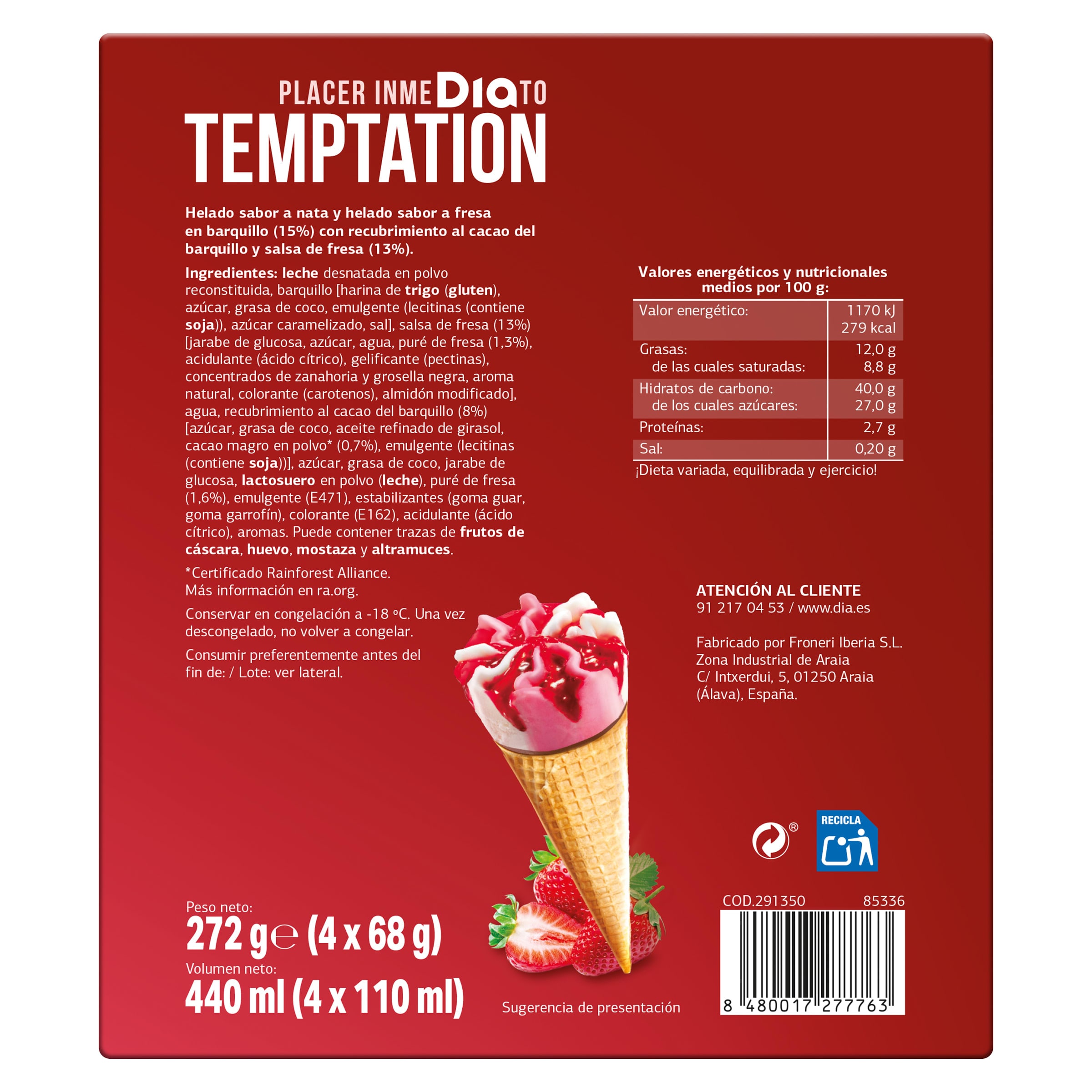 Conos de nata y fresa Dia Temptation 4 x 68 g