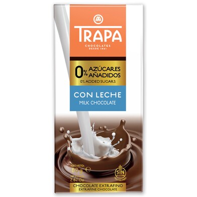 Chocolate con leche 0% sin azúcares añadidos Trapa 80 g-0 Chocolate con leche 0% sin azúcares añadidos Trapa 80 g-0