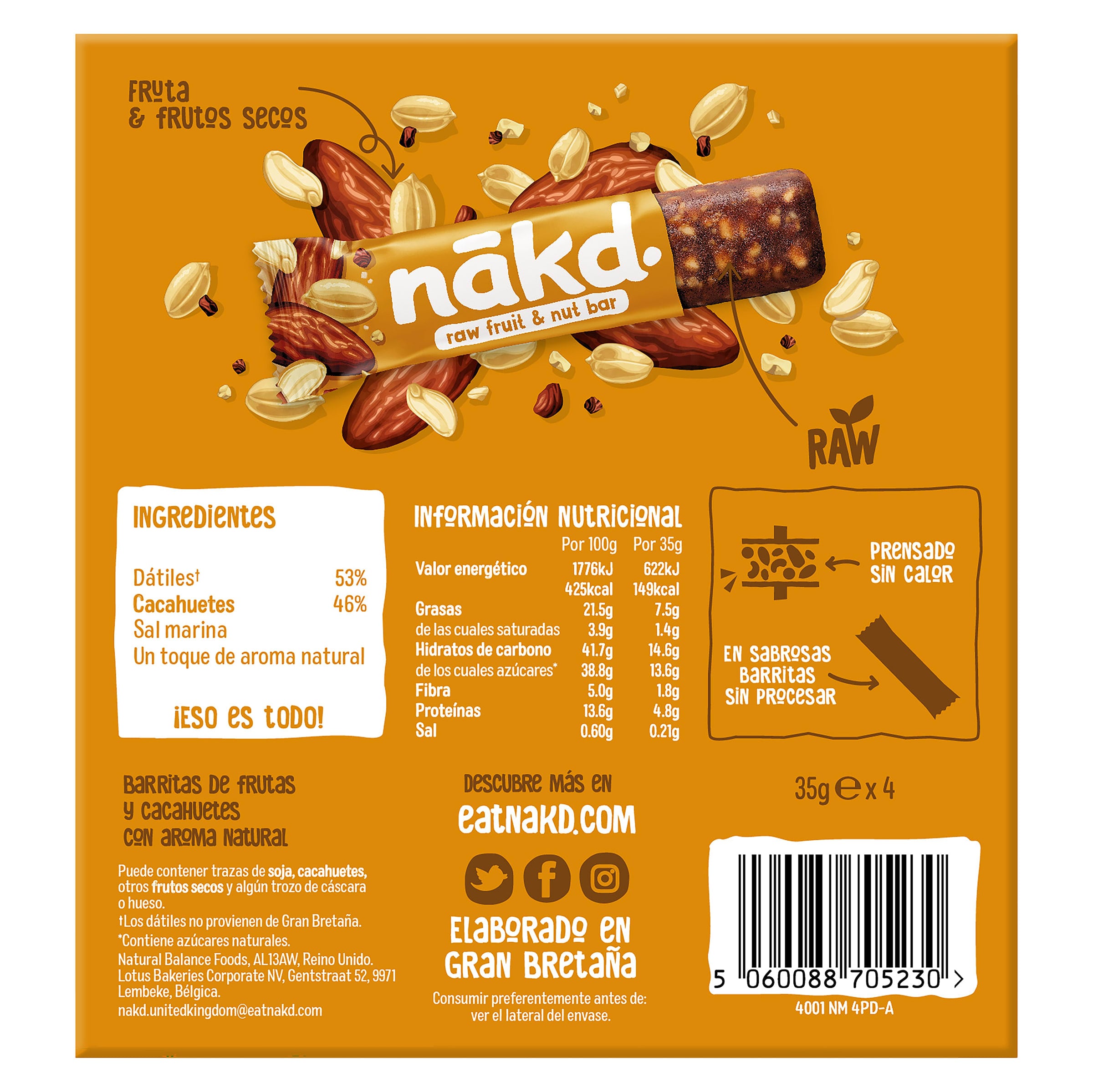 Barritas de fruta y cacahuete Nakd 140 g