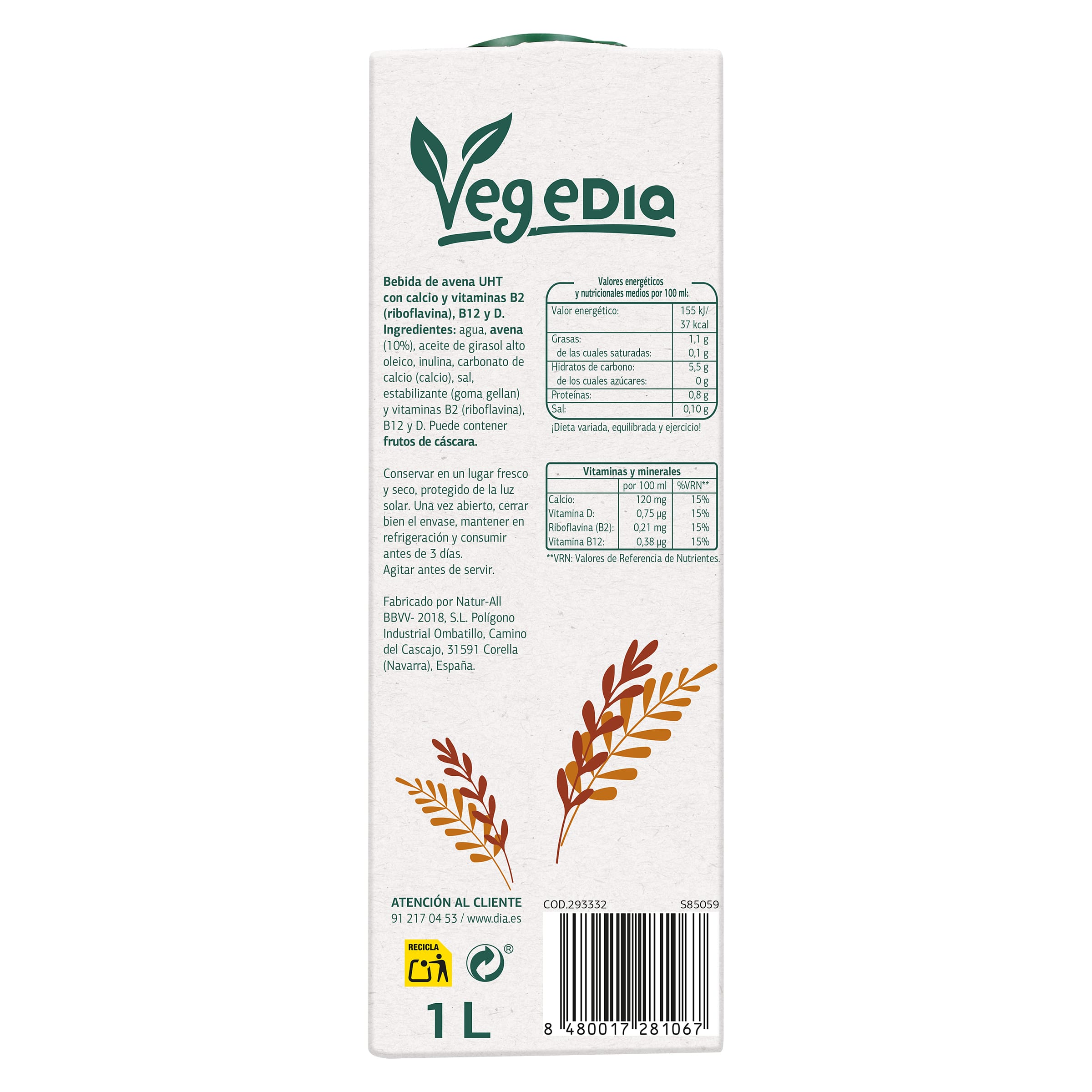 Bebida de avena 0% azúcares Dia Vegedia 1 L