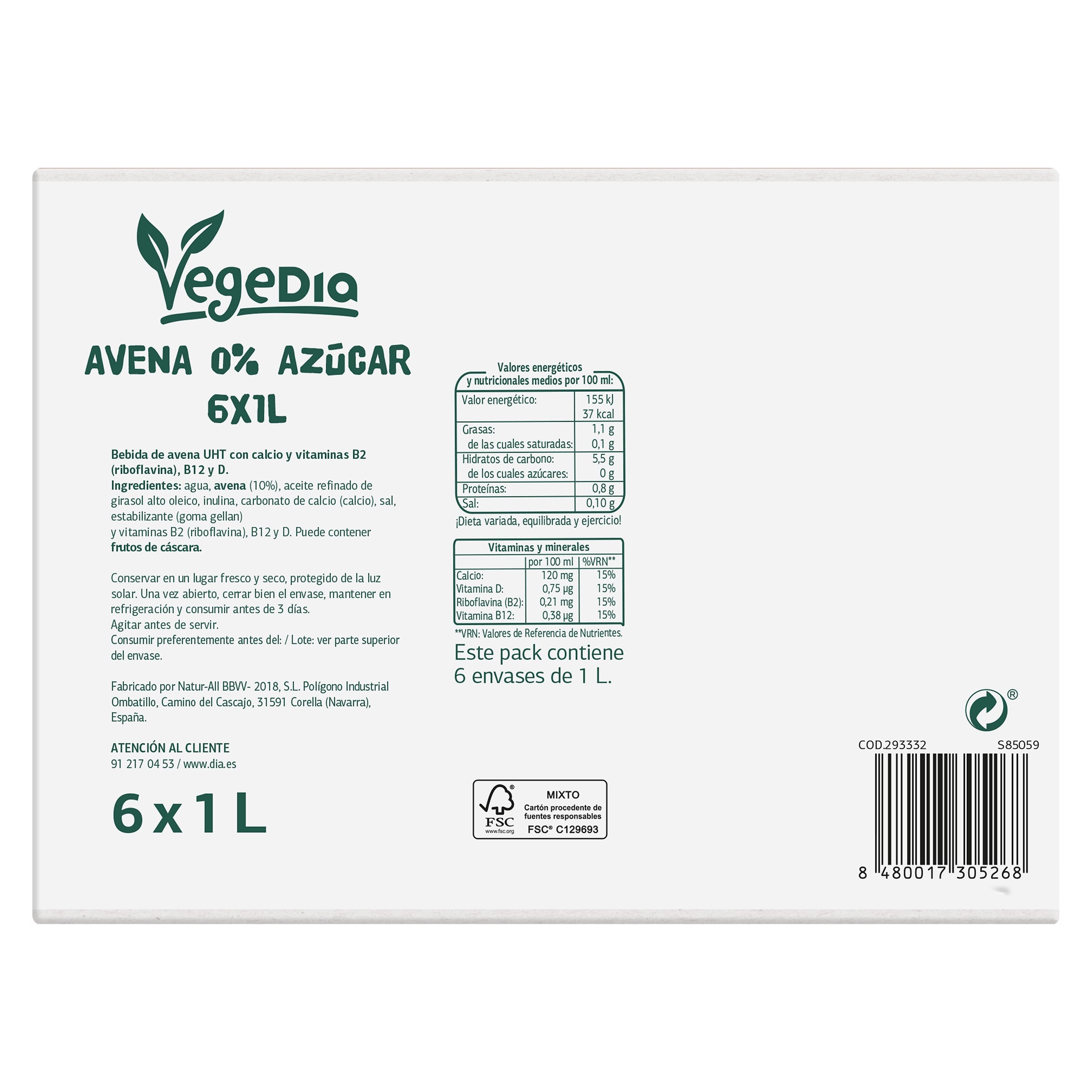 Bebida de avena 0% azúcares Dia Vegedia pack 6 x 1 L