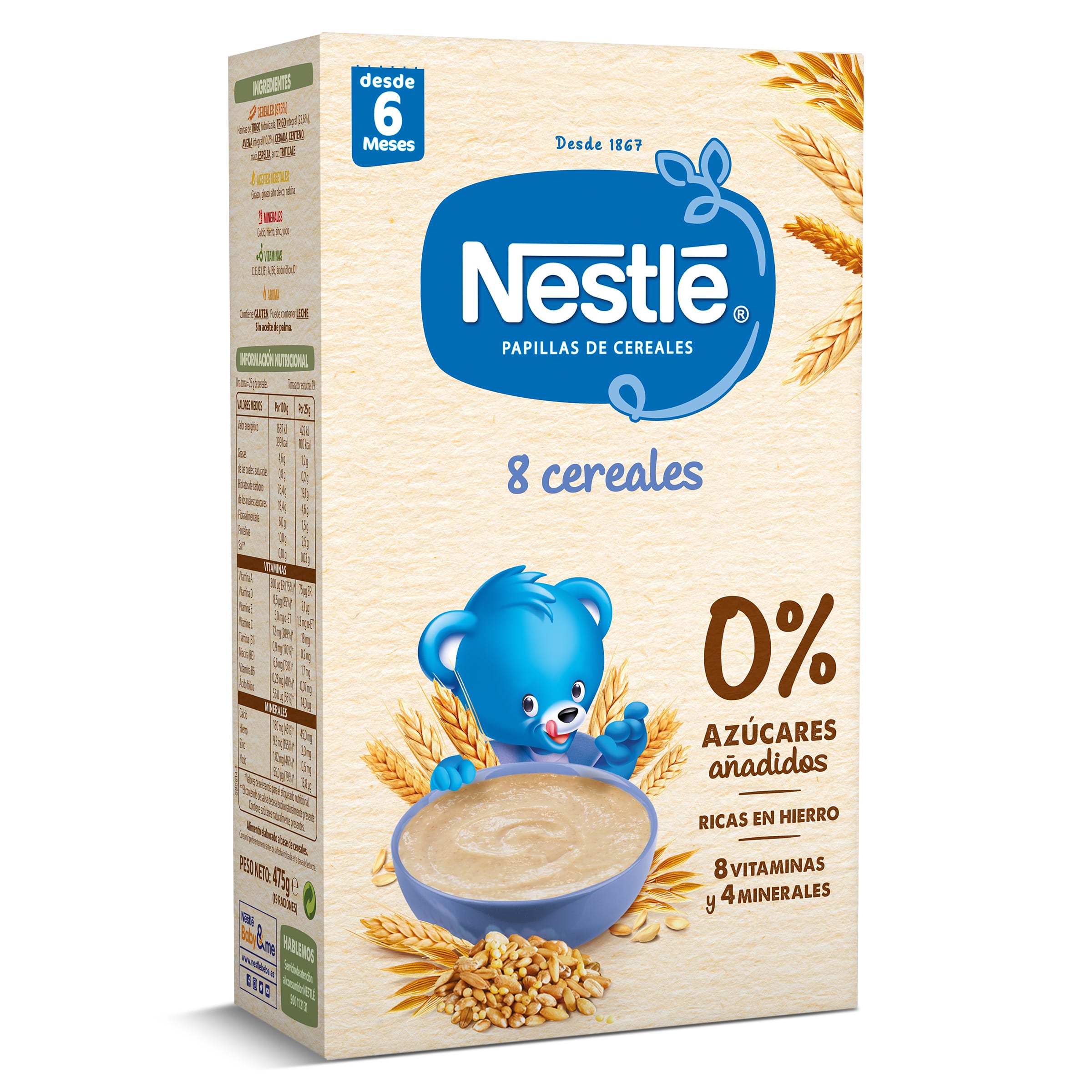 Papilla 8 cereales sin azúcares añadidos Hero Baby caja 410 g