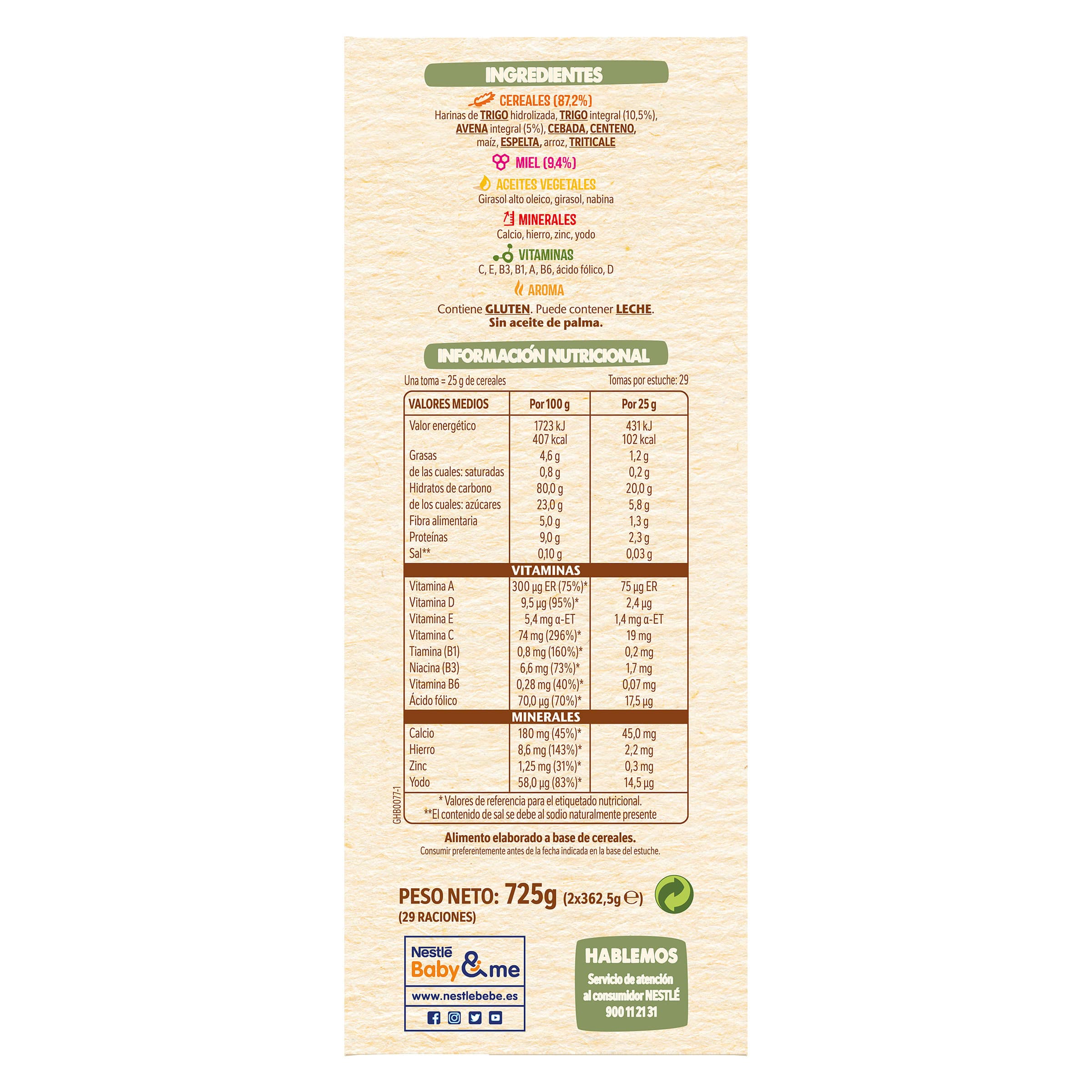 Papilla de cereales con miel Nestlé 725 g