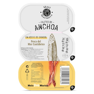 Filetes de anchoa del Cantábrico en aceite de girasol Mari Marinera de Dia pack 3 x 25 g-0