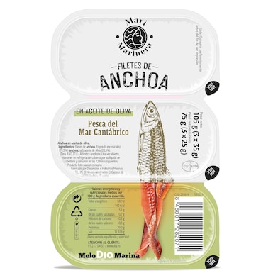 Anchoa del Cantábrico en aceite de oliva Mari Marinera pack 3 x 25 g-0