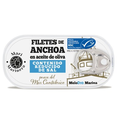 Filetes de anchoa en aceite de oliva reducido sal MSC Mari Marinera de Dia lata 29 g-1 Filetes de anchoa en aceite de oliva reducido sal MSC Mari Marinera de Dia lata 29 g-1