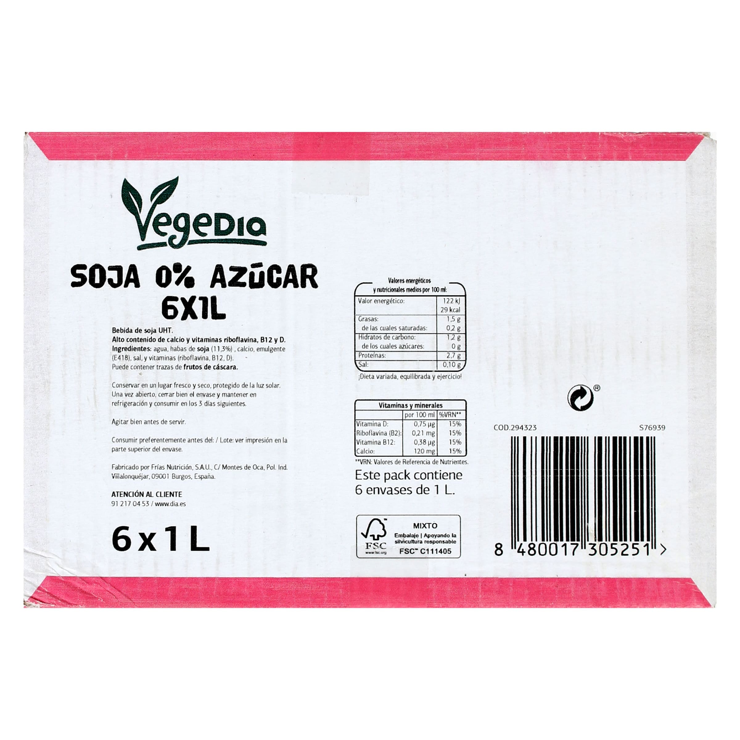 Bebida de soja 0% azúcares Dia Vegedia pack 6 x 1 L