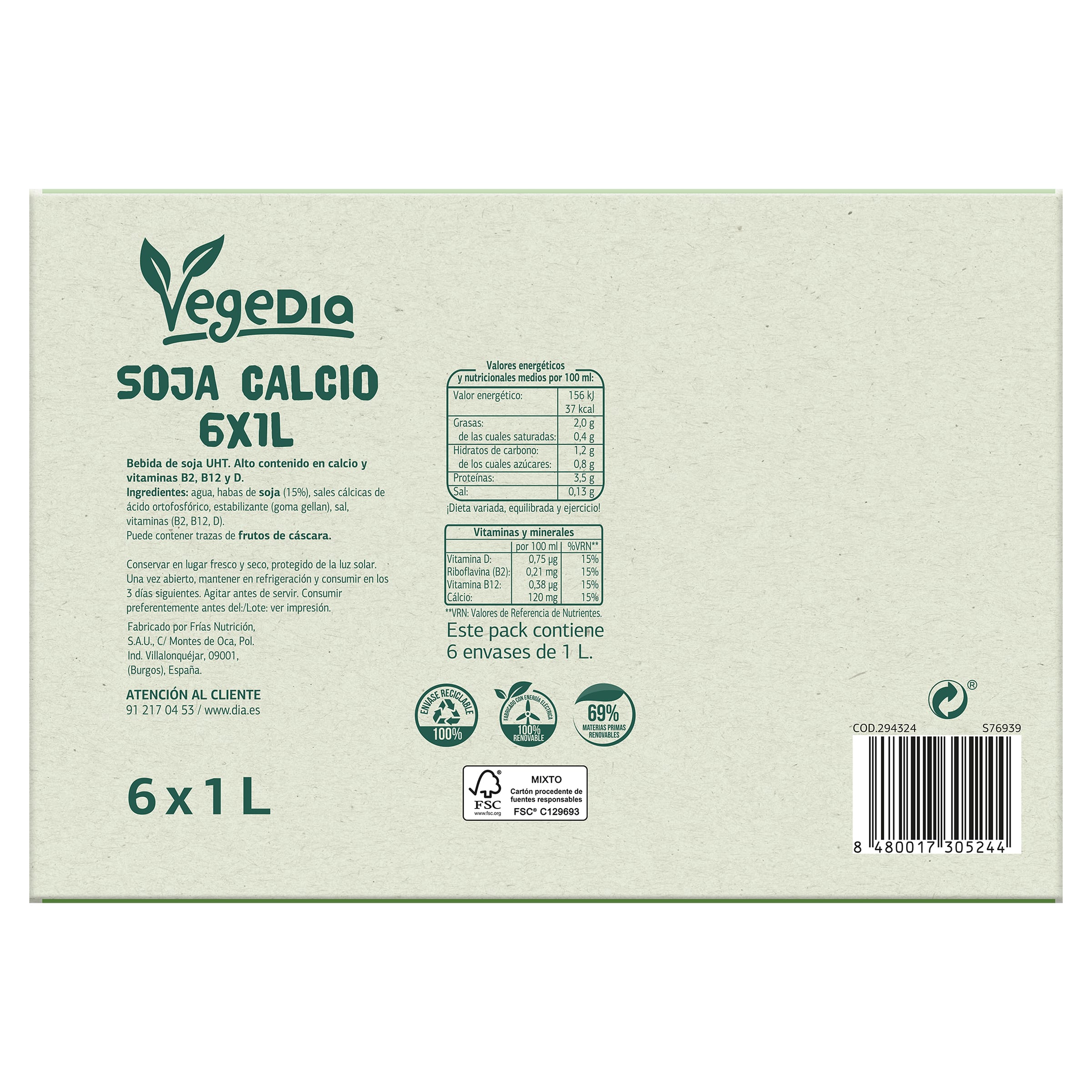 Bebida de soja con calcio Dia Vegedia pack 6 x 1 L