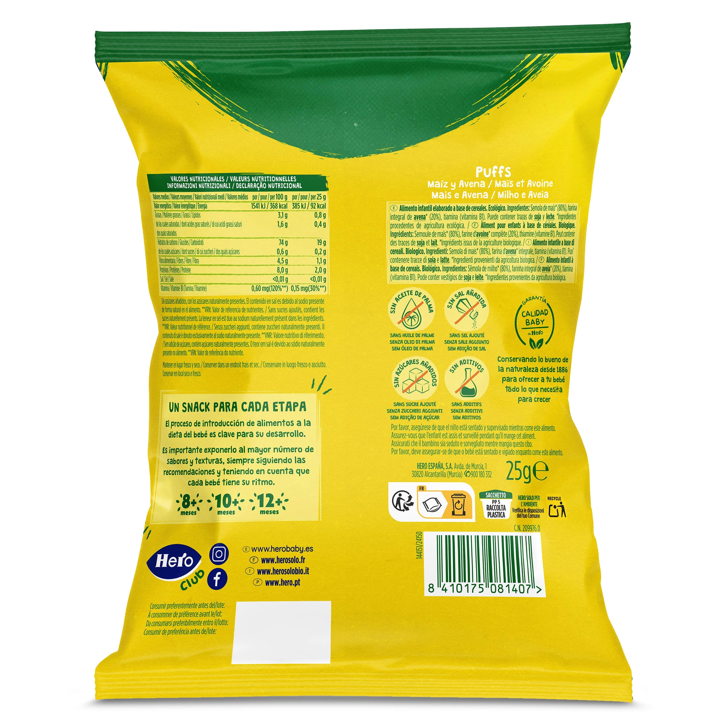 Snack infantil de maíz y avena puffs Hero 25 g