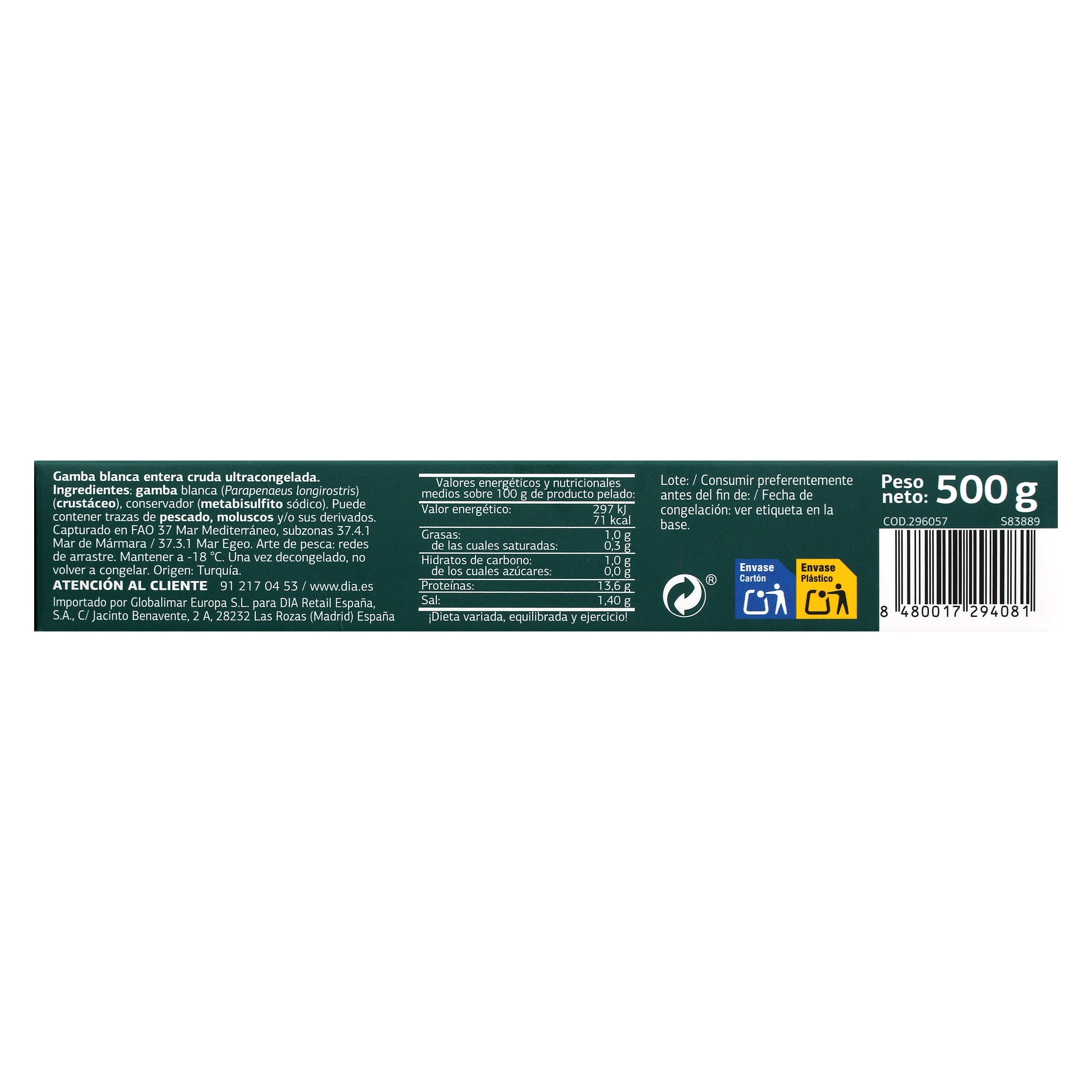 Gamba blanca cruda 50/70 piezas Dia Mari Marinera 500 g