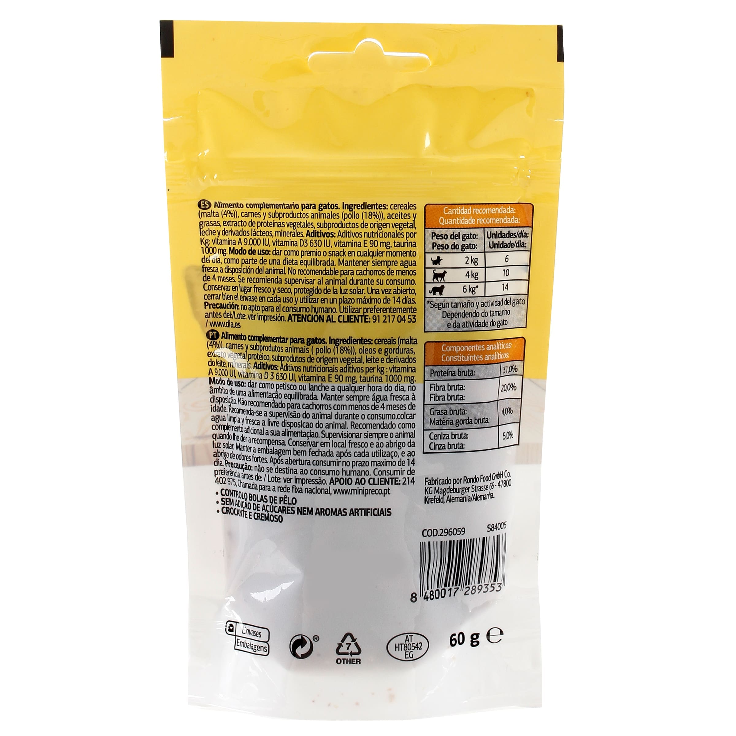 Snack para gatos rellenos con pollo y malta Dia Deligato 60 g