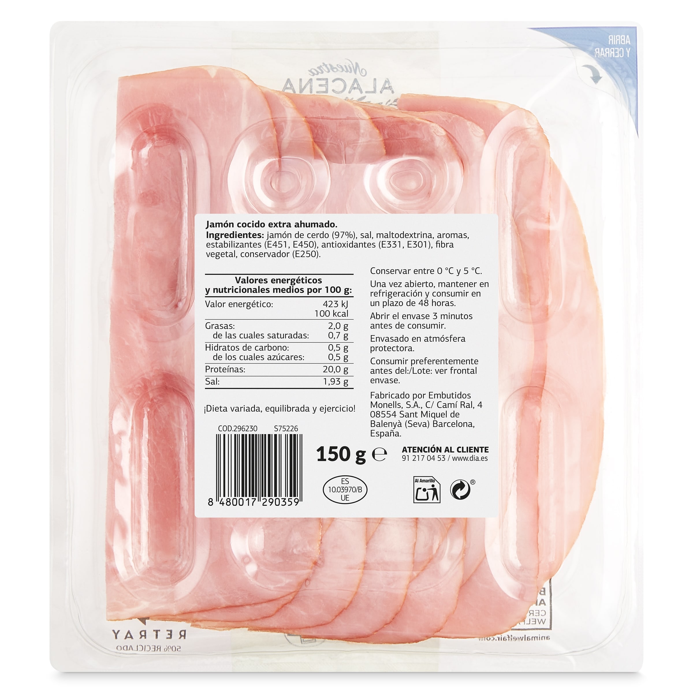 Jamón cocido braseado 97% Dia Nuestra Alacena 150 g