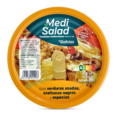 Ensalada con verduras asadas, aceitunas negras y especias Medisalad lata 250 g-1 Ensalada con verduras asadas, aceitunas negras y especias Medisalad lata 250 g-1