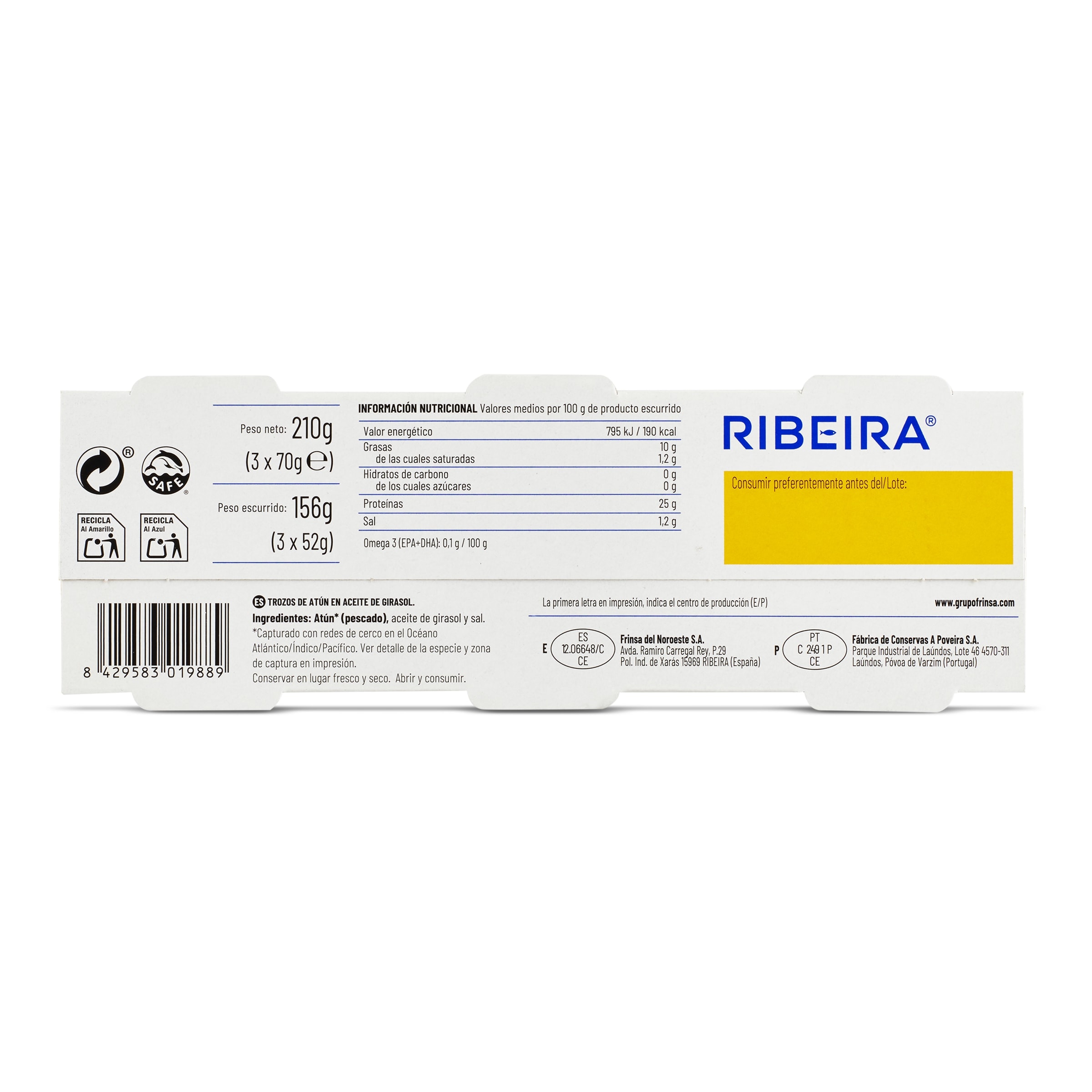 Trozos de atún en aceite de girasol Ribeira 3 x 52 g