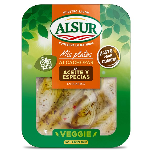 Alcachofas En Aceite Y Especias En Cuartos Alsur Bandeja 190 Gr.