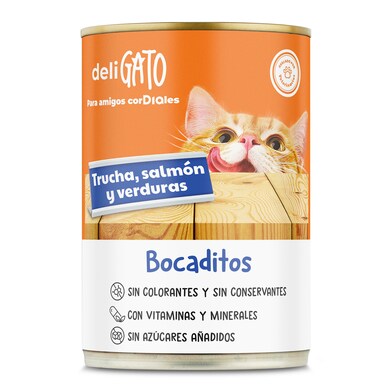 Alimento para gatos bocaditos con trucha, salmón y verduras Deligato Dia lata 400 g-0 Alimento para gatos bocaditos con trucha, salmón y verduras Deligato Dia lata 400 g-0