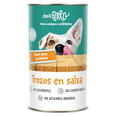 Alimento para perros trozos en salsa con ave y arroz Deliperro de Dia lata 1.25 Kg-0