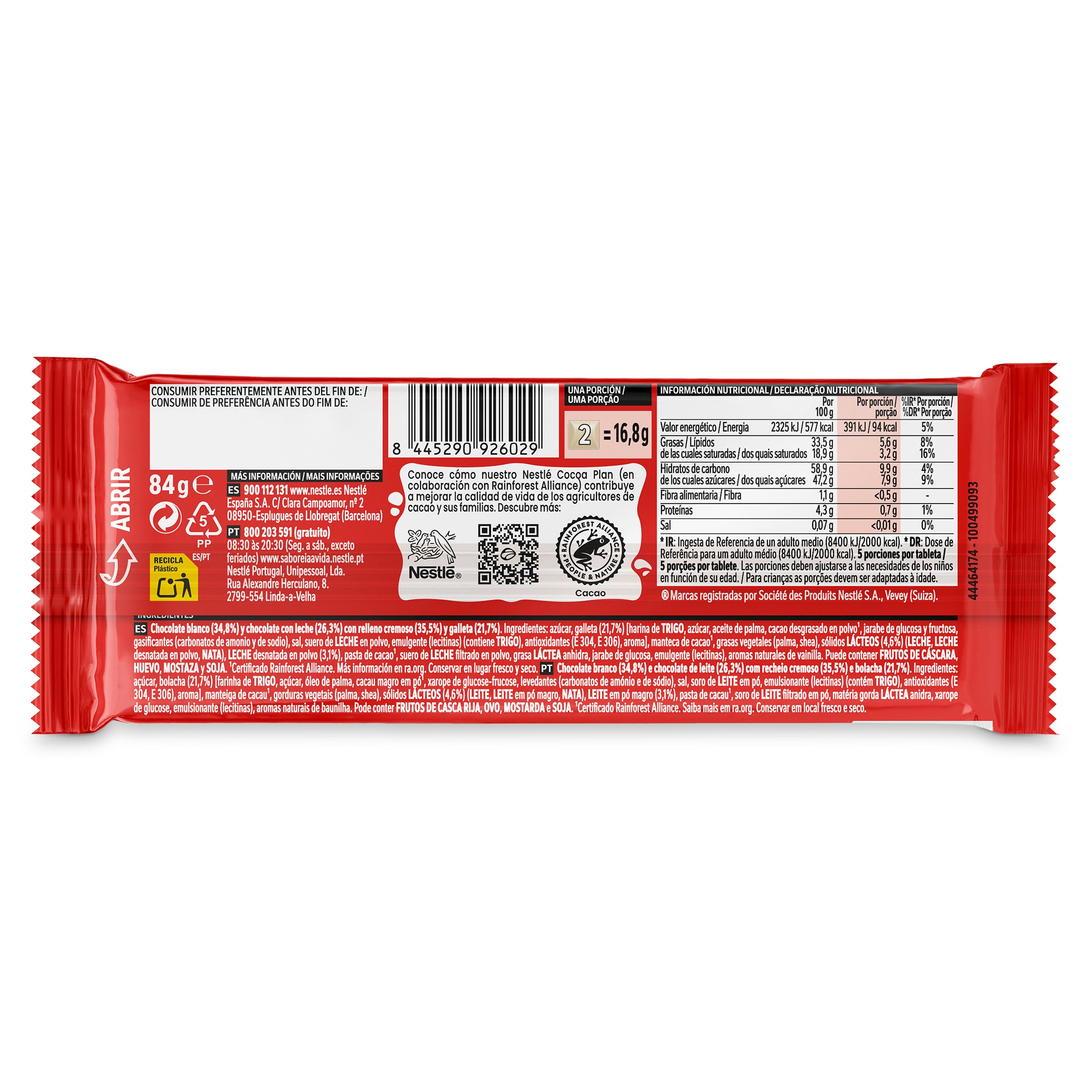 Chocolate blanco con relleno de galleta filipinos Nestlé Extrafino 84 g