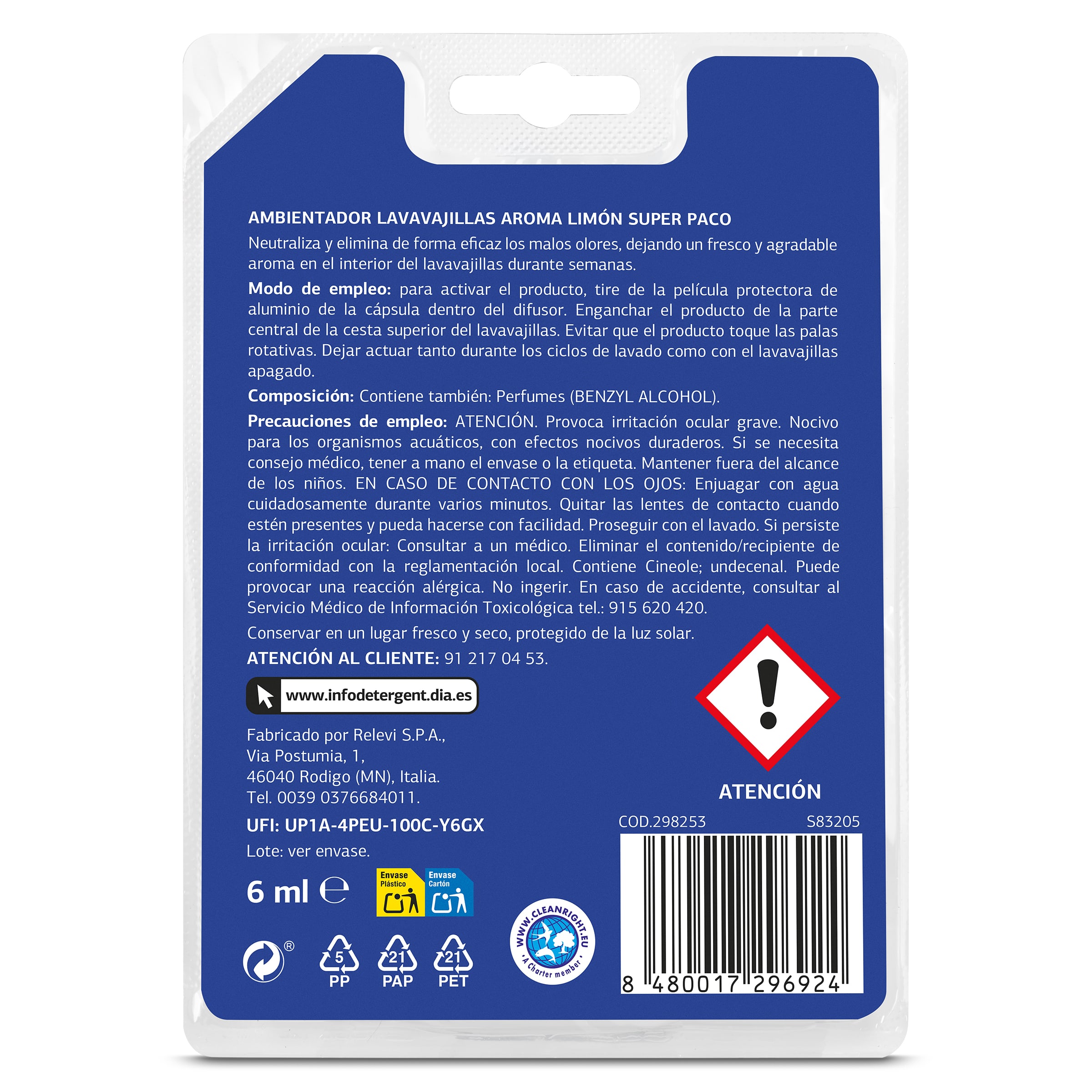 Ambientador para lavavajillas limón Dia Super Paco 6 ml