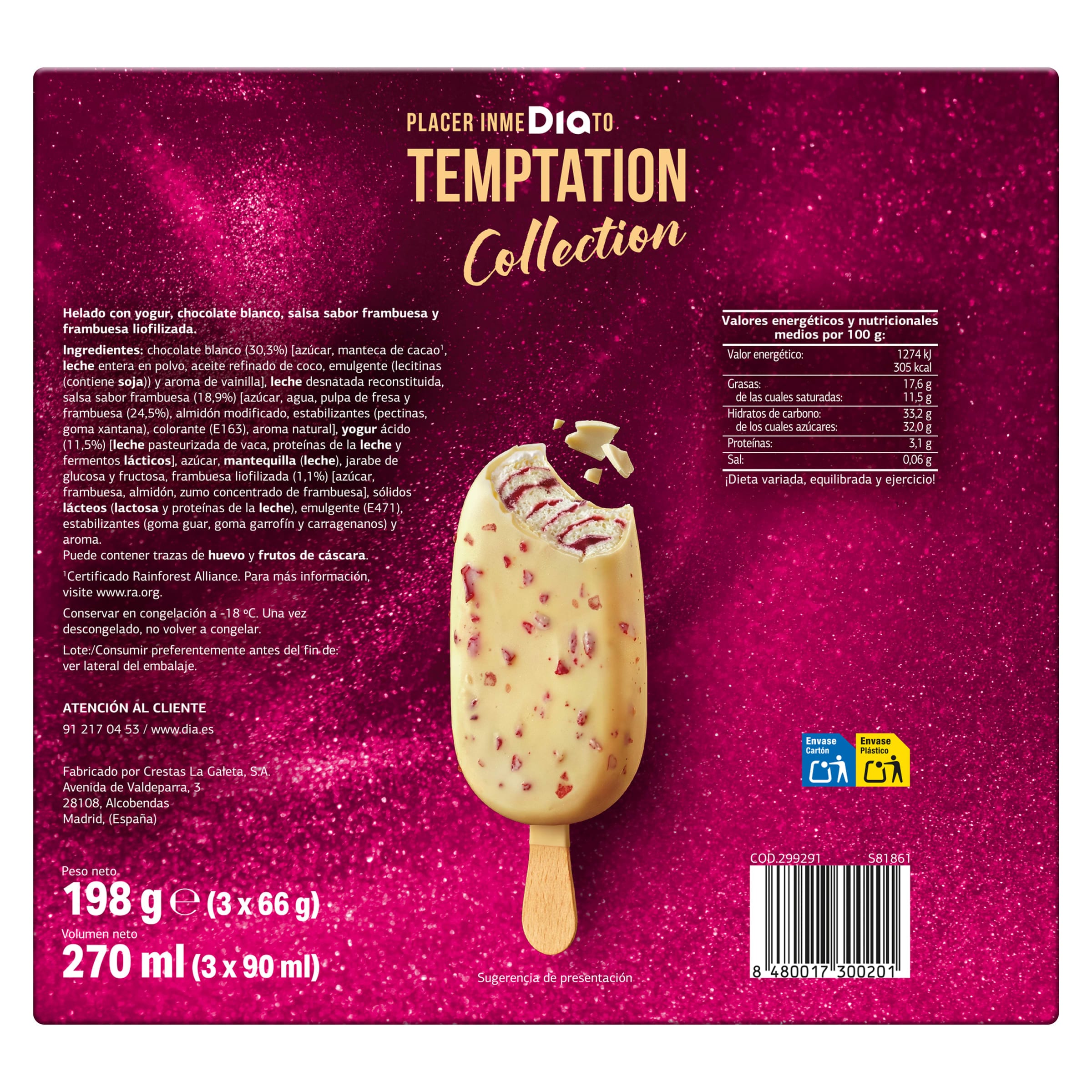 Helado bombón yogur y frutos rojos Dia Temptation 3 x 66 g
