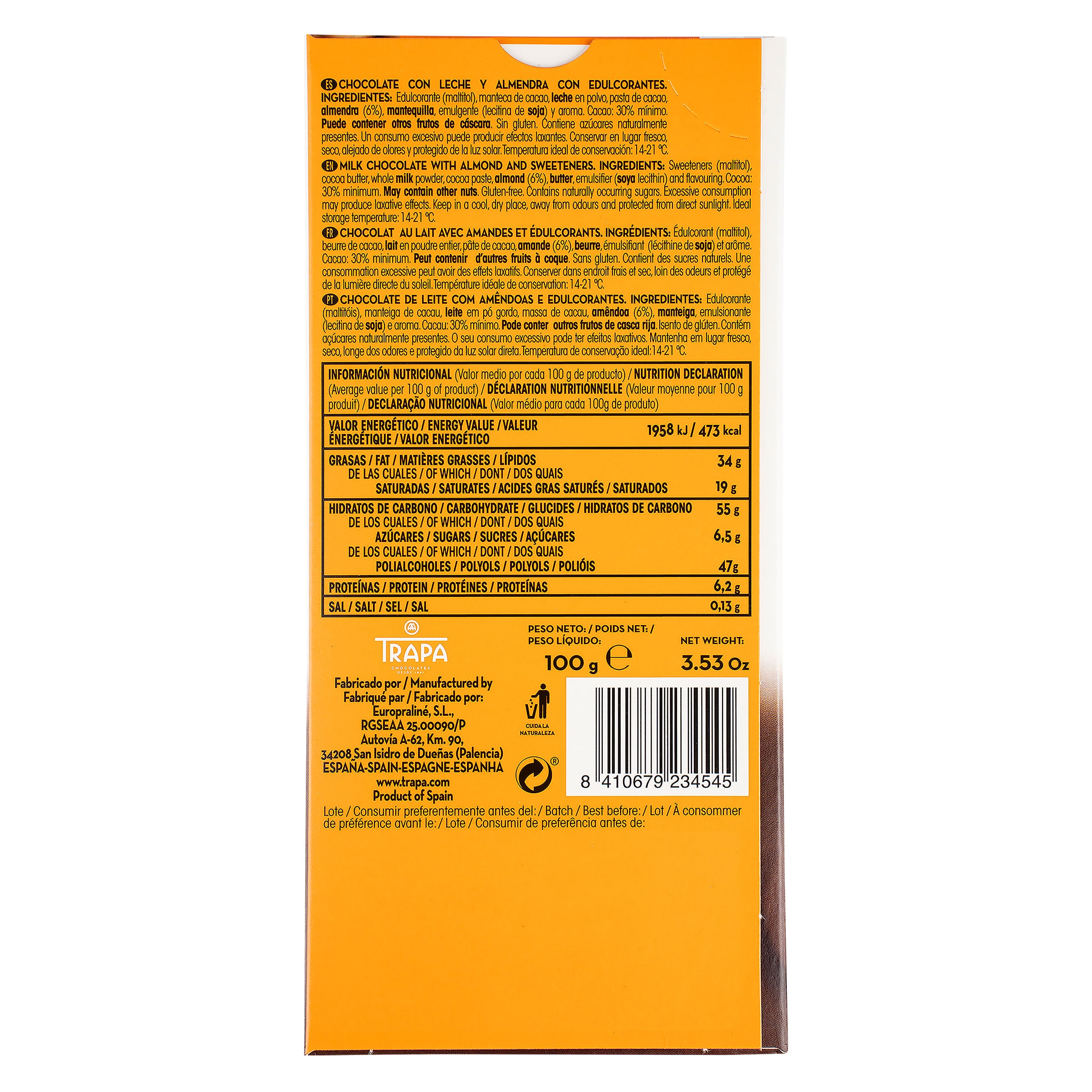 Chocolate con leche y almendras 0% azúcares añadidos Trapa 100 g