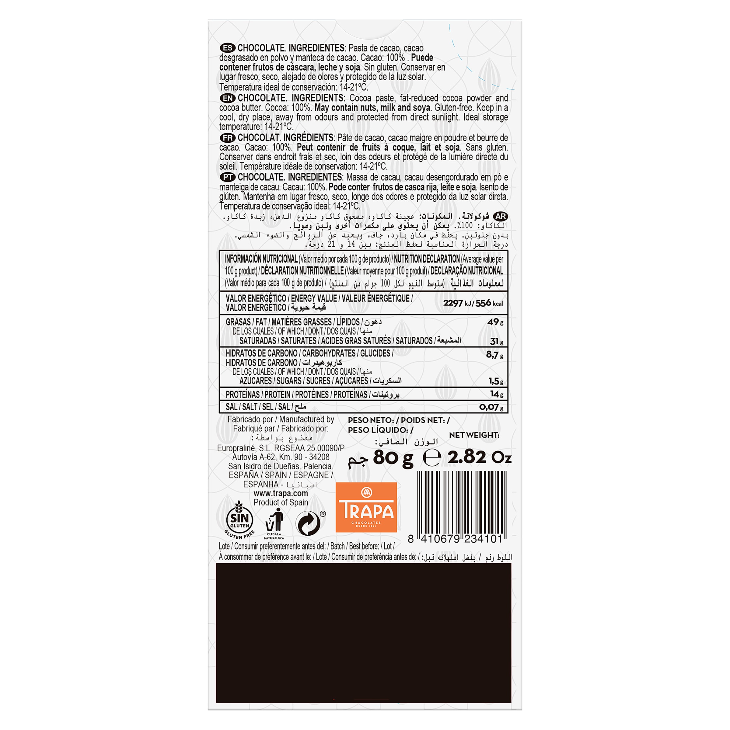 Chocolate negro 100% cacao Trapa 80 g