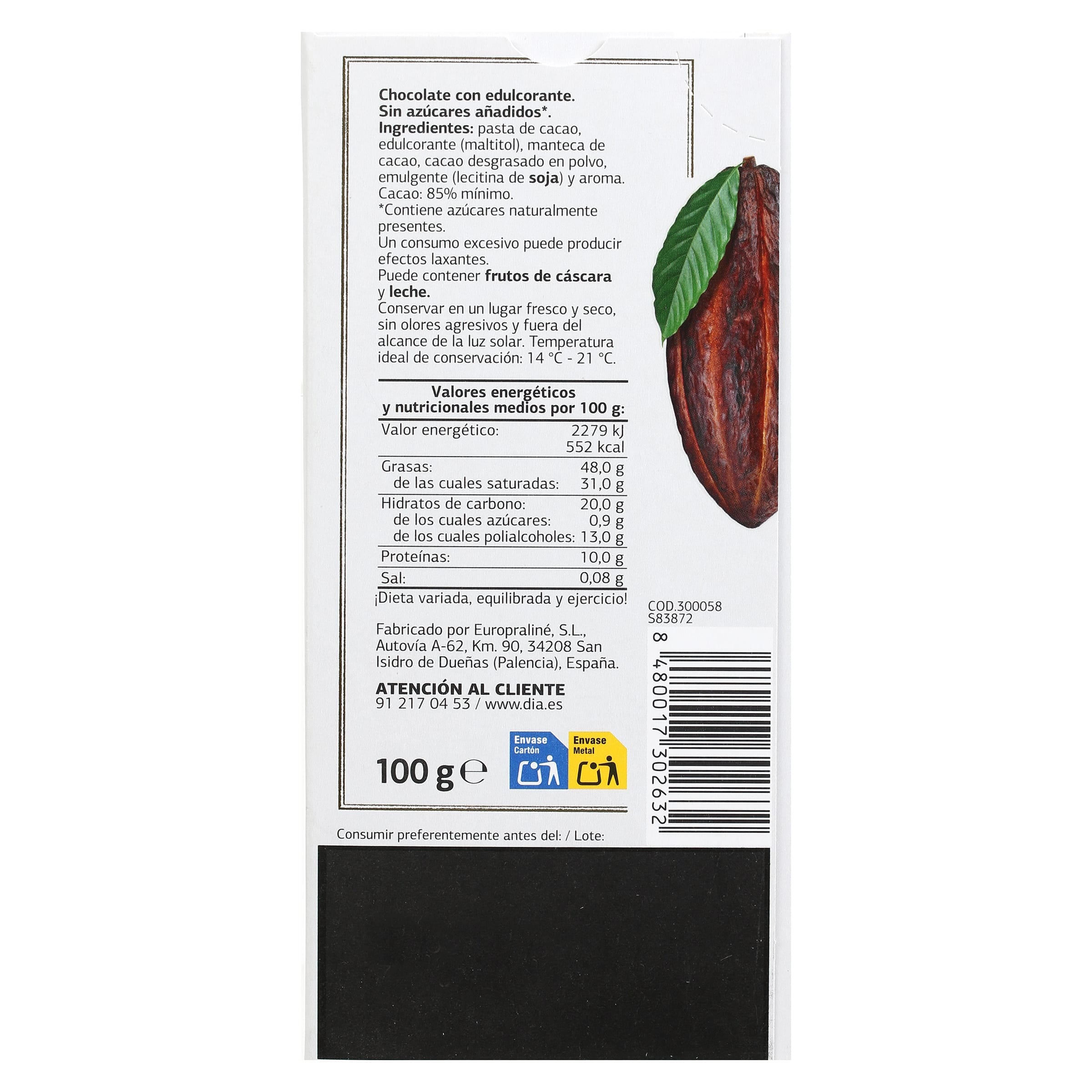 Chocolate negro 85% cacao sin azúcares añadidos Dia Temptation 100 g