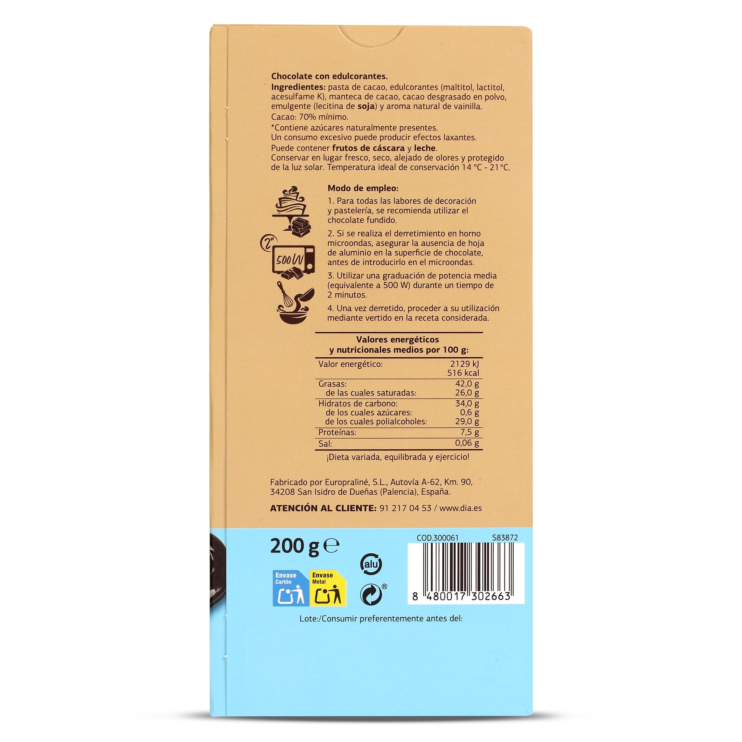 Chocolate negro para postres sin azúcares añadidos Dia Temptation 200 g