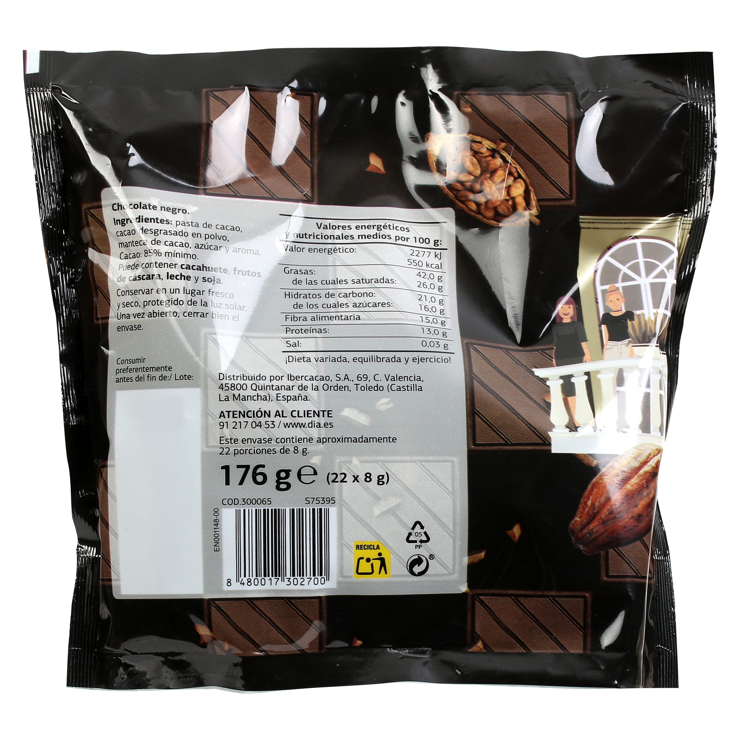 Chocolate negro 85% cacao en porciones Dia Temptation 176 g