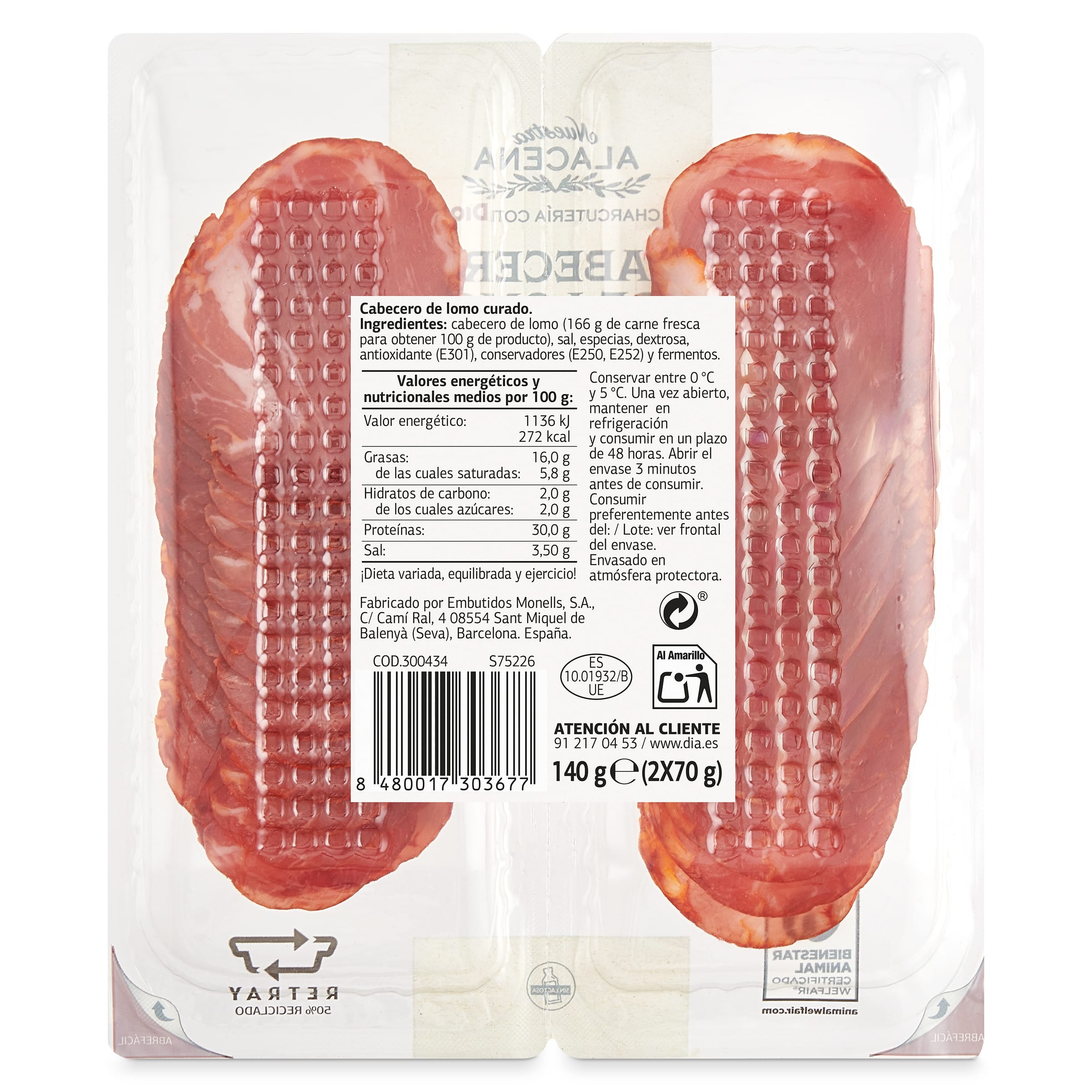 Cabecero de lomo Dia Nuestra Alacena 2 x 70 g