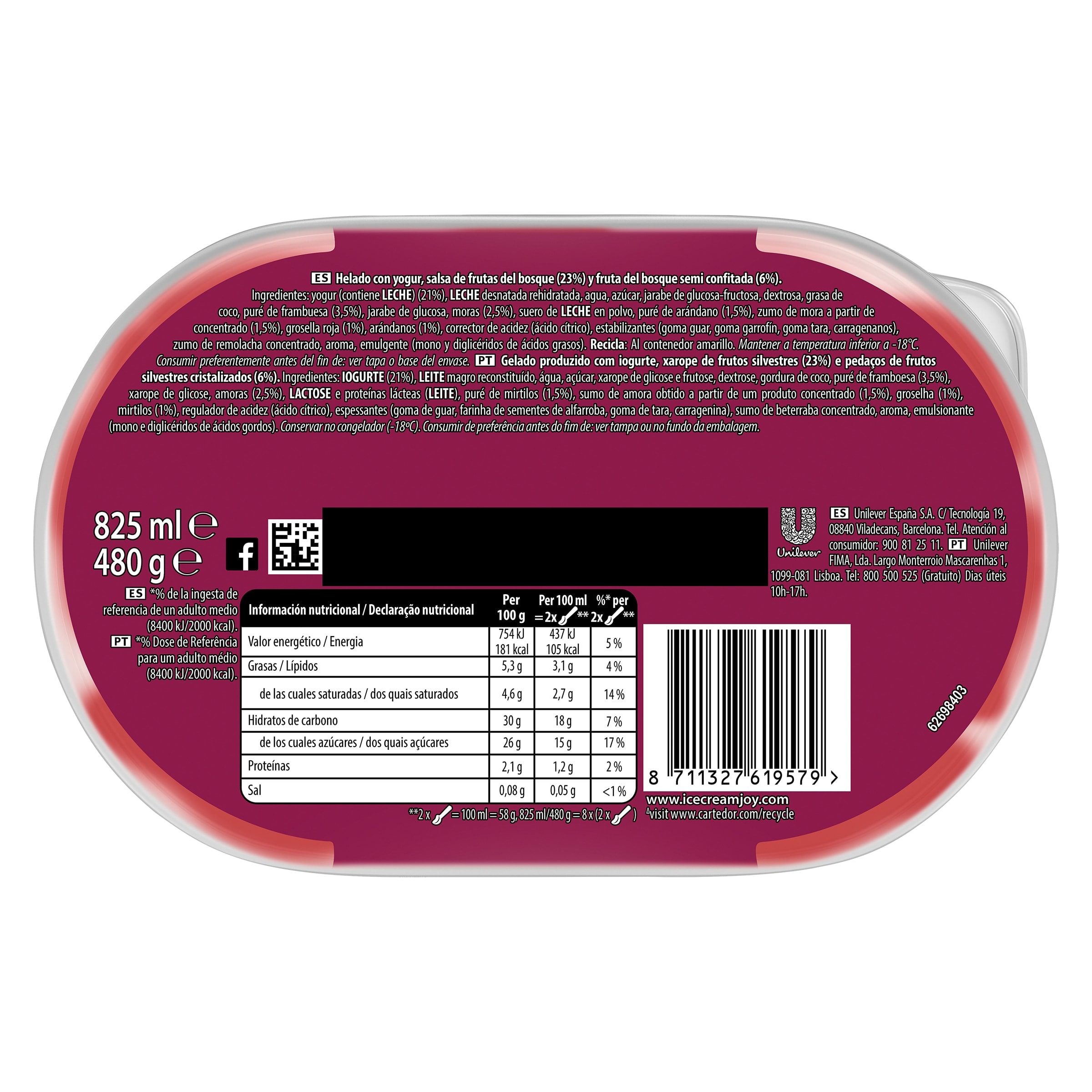 Barqueta de yogur y frutos del bosque Carte D'Or 480 g