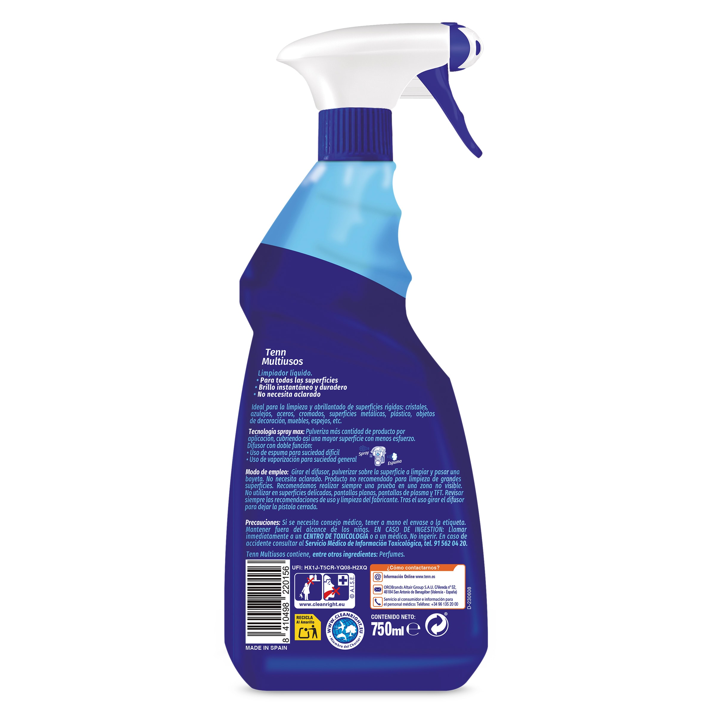 Limpiador multiusos con bioalcohol Tenn 750 ml