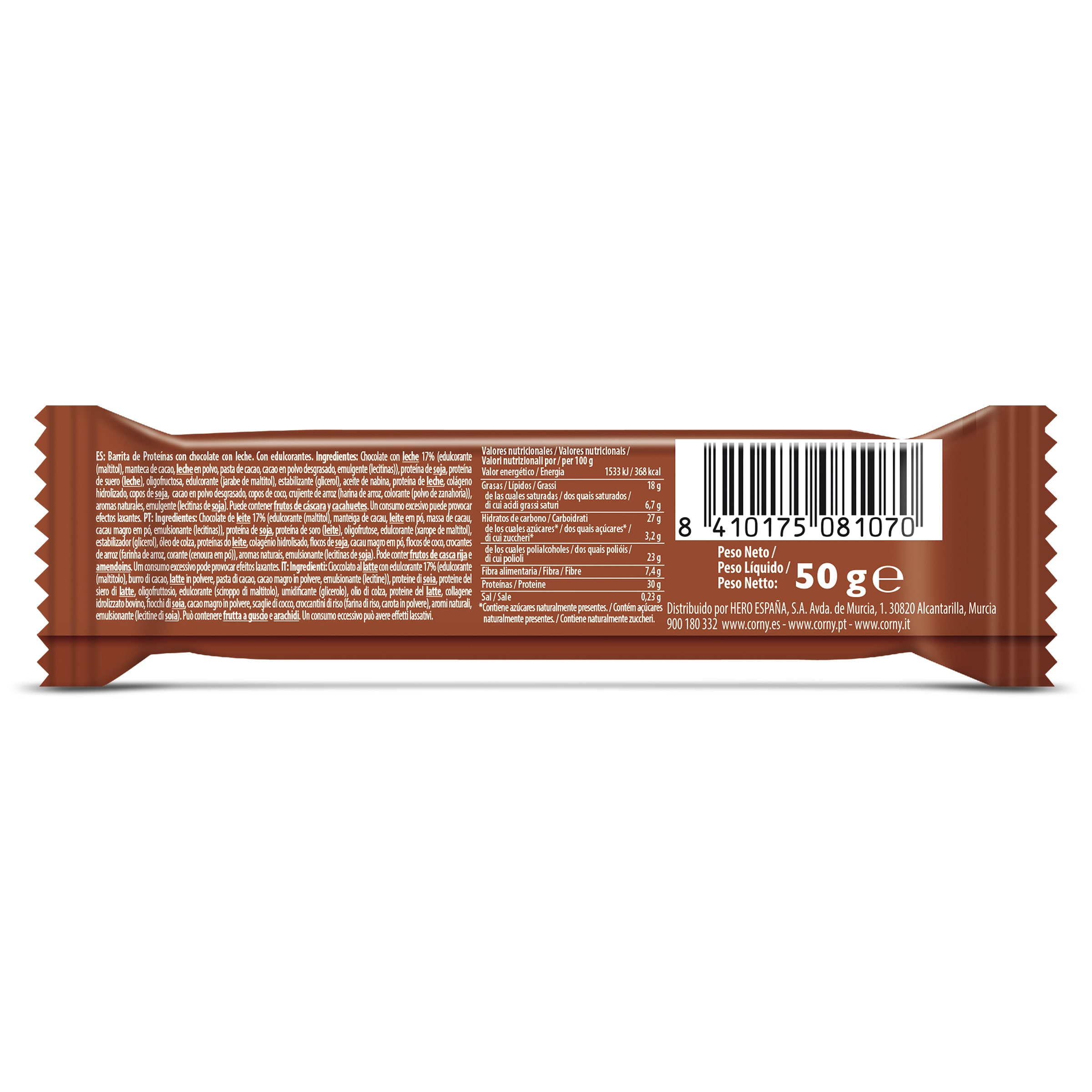Barrita de chocolate con 30% de proteínas Corny 50 g