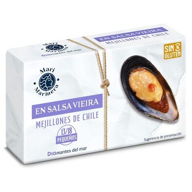 Mejillones de Chile en salsa vieira 13/18 piezas Mari Marinera de Dia lata 69 g-0 Mejillones de Chile en salsa vieira 13/18 piezas Mari Marinera de Dia lata 69 g-0