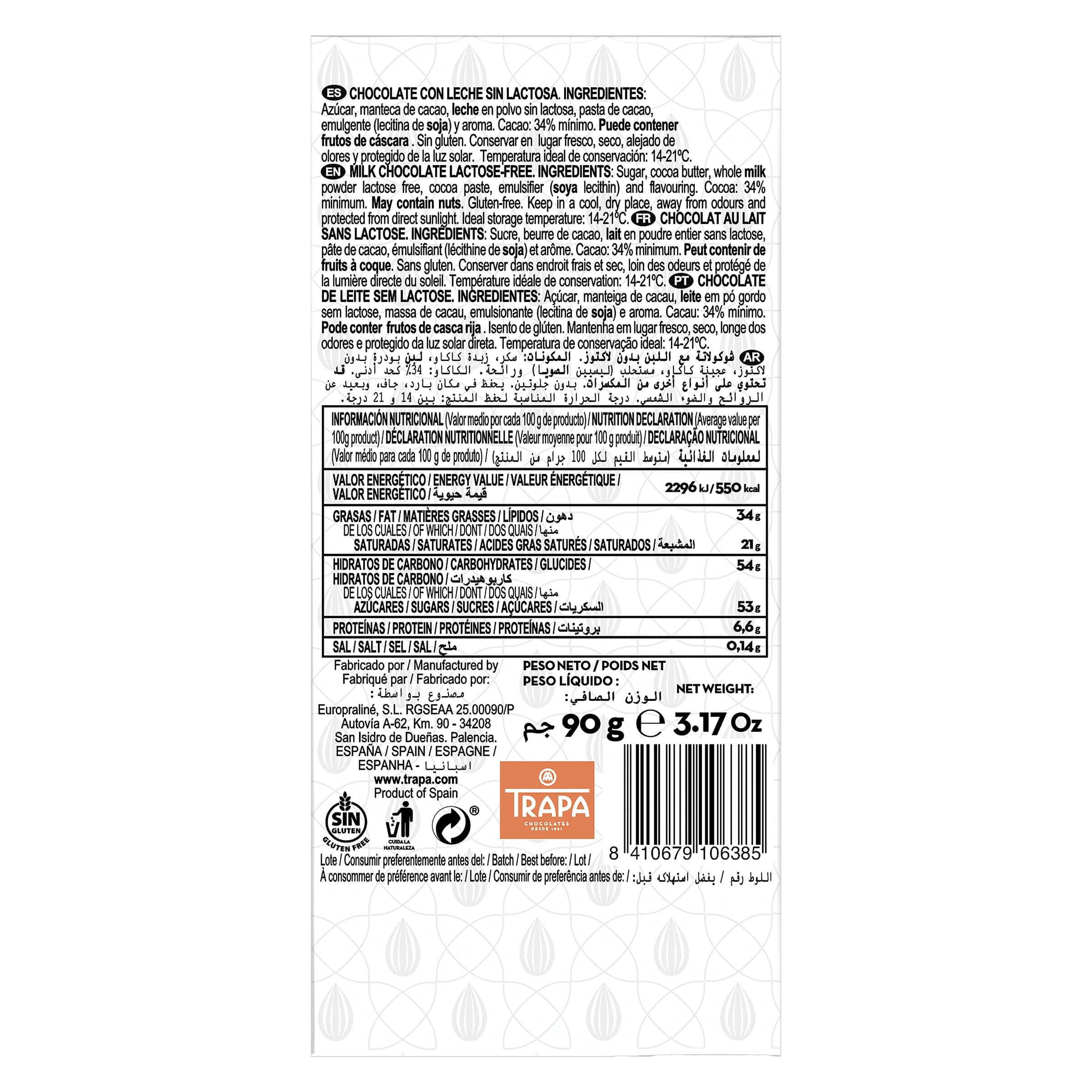 Chocolate con leche sin lactosa Trapa 90 g