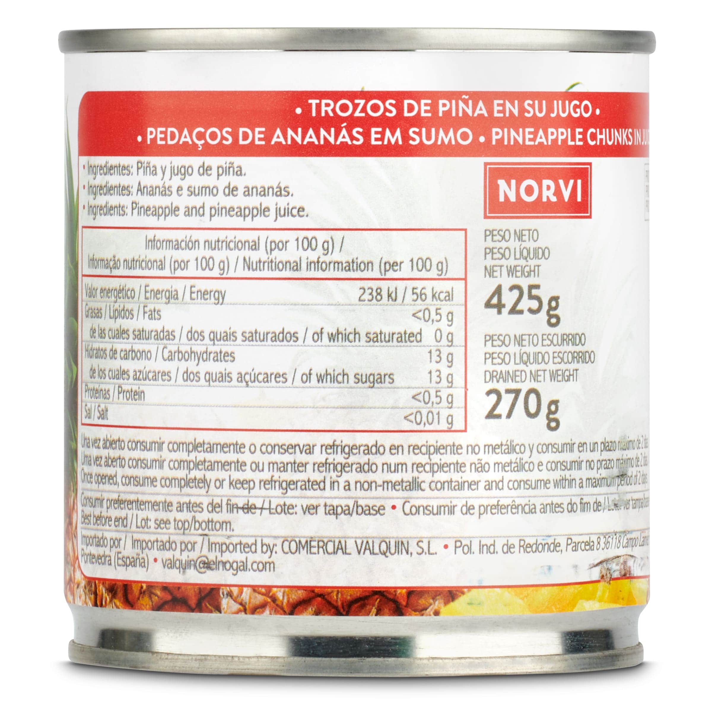 Piña en su jugo en trozos Norvi 270 g