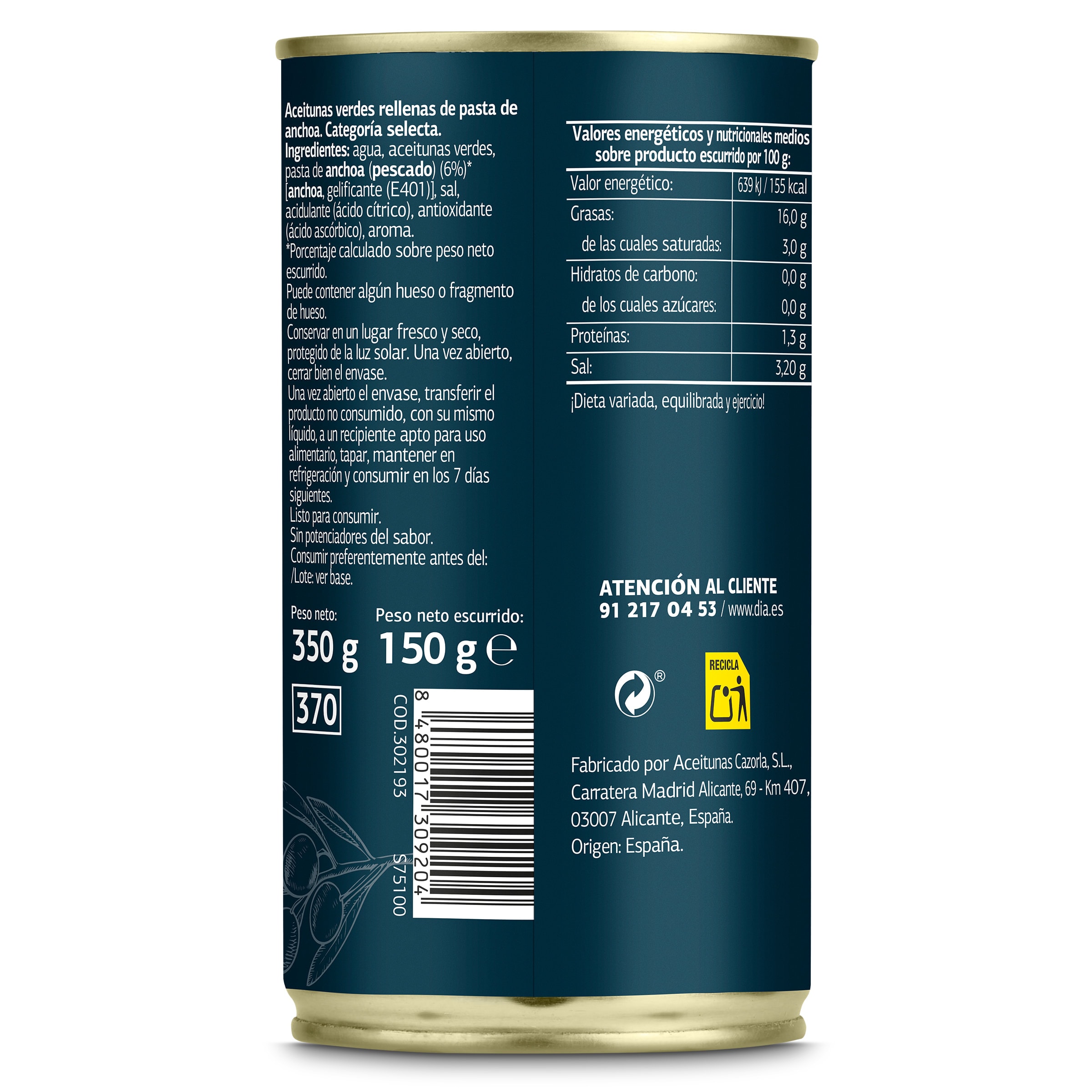Aceitunas rellenas de anchoa grandes Dia Vegecampo 150 g