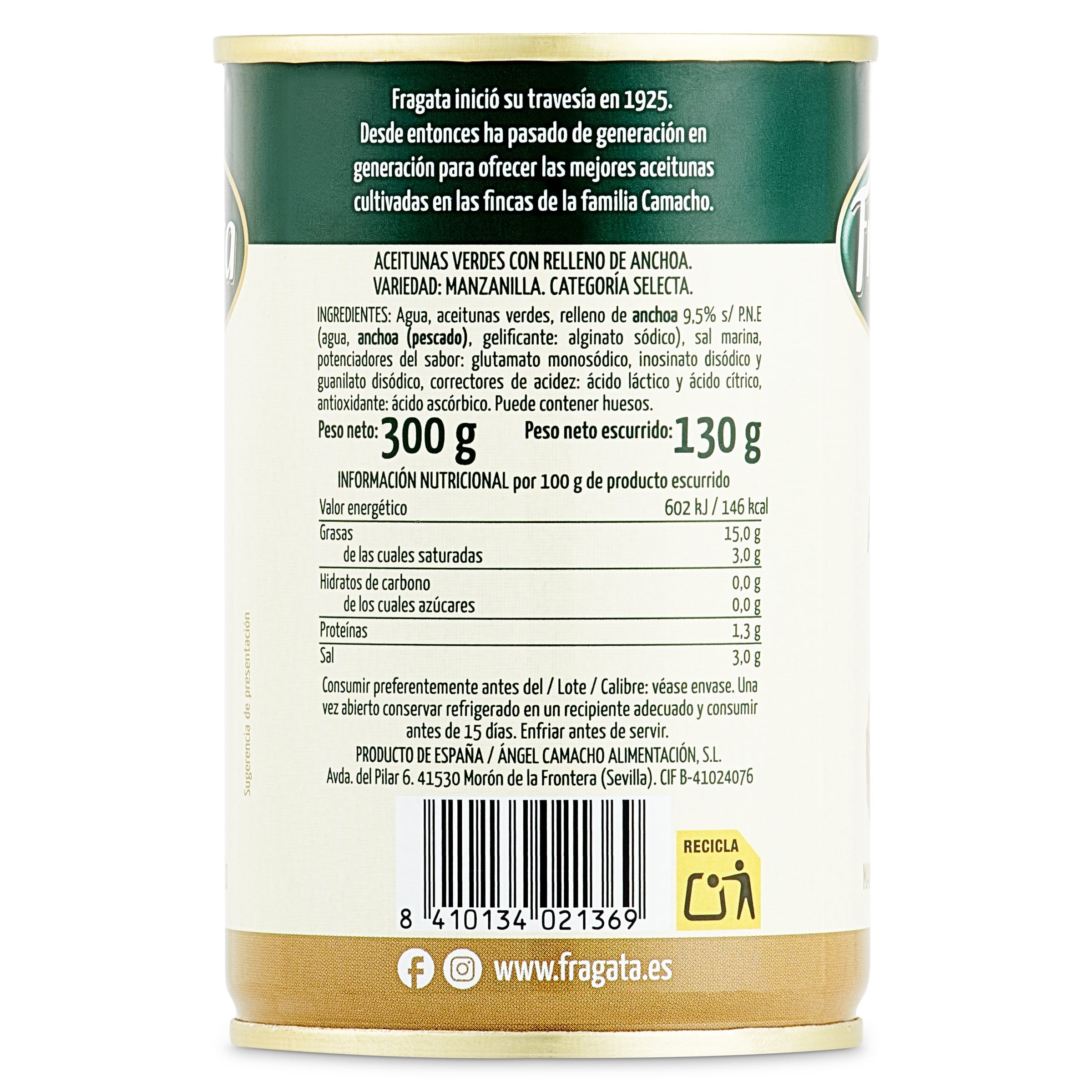Aceitunas manzanilla rellena de anchoa Fragata 130 g