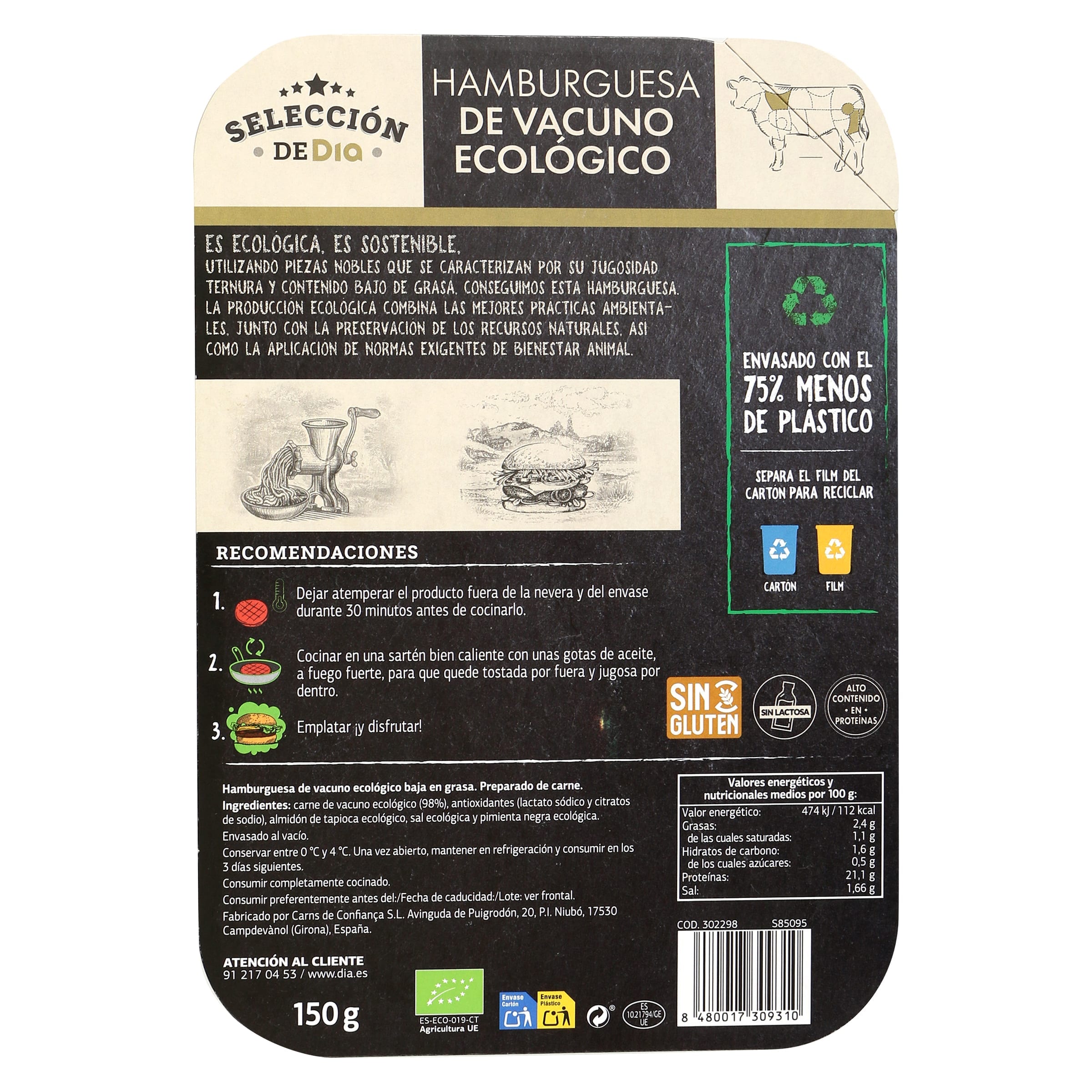 Burger de vacuno ecólogico baja en grasa Selección de Dia 150 g