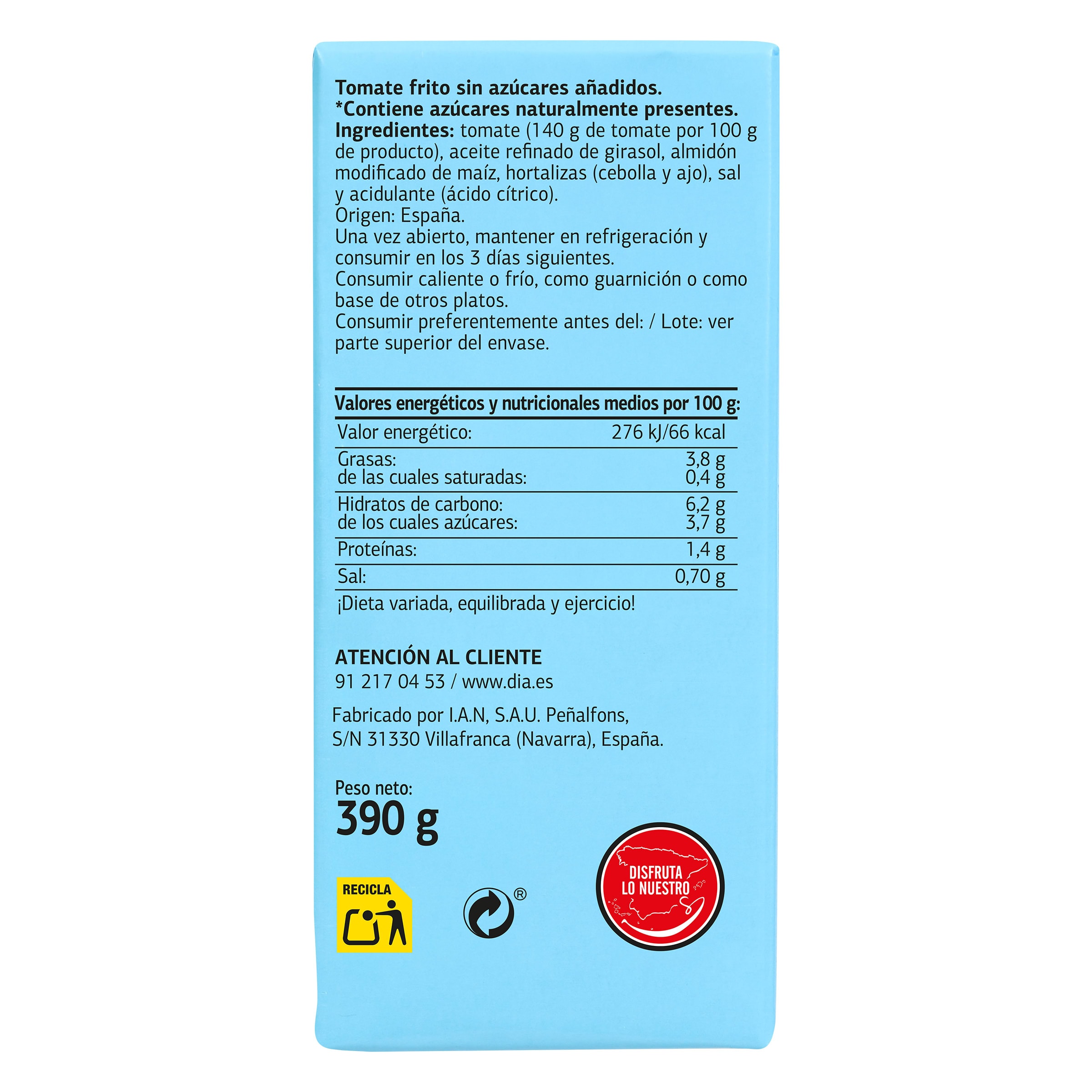 Tomate frito 0% azúcares añadidos Dia Vegecampo 390 g