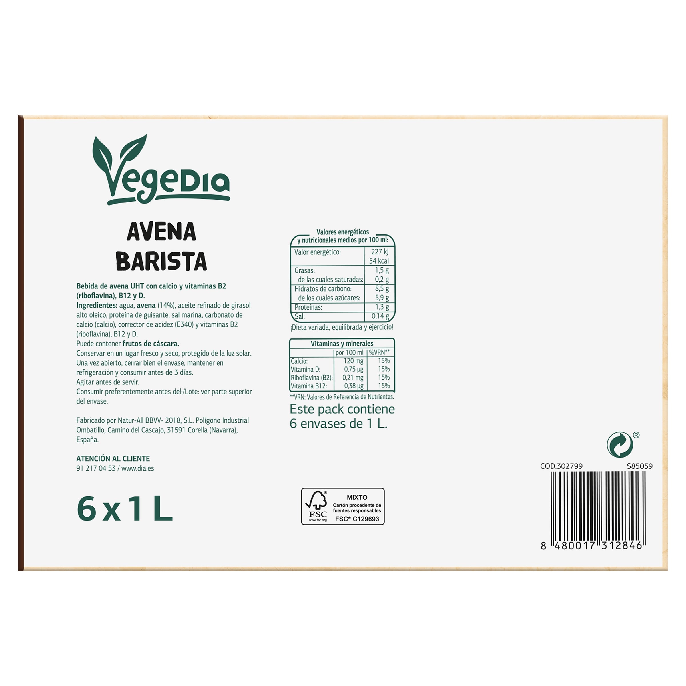Bebida de avena barista Dia Vegedia pack 6 x 1 L