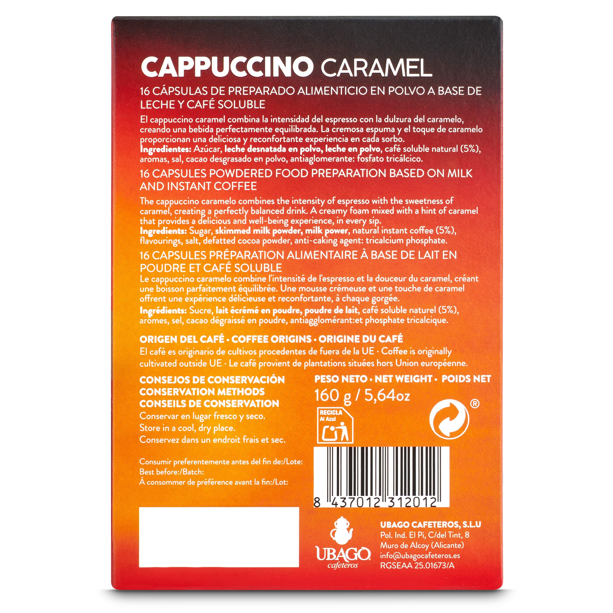 Cápsulas de café cappuccino con aroma a caramelo Ubago 16 unidades