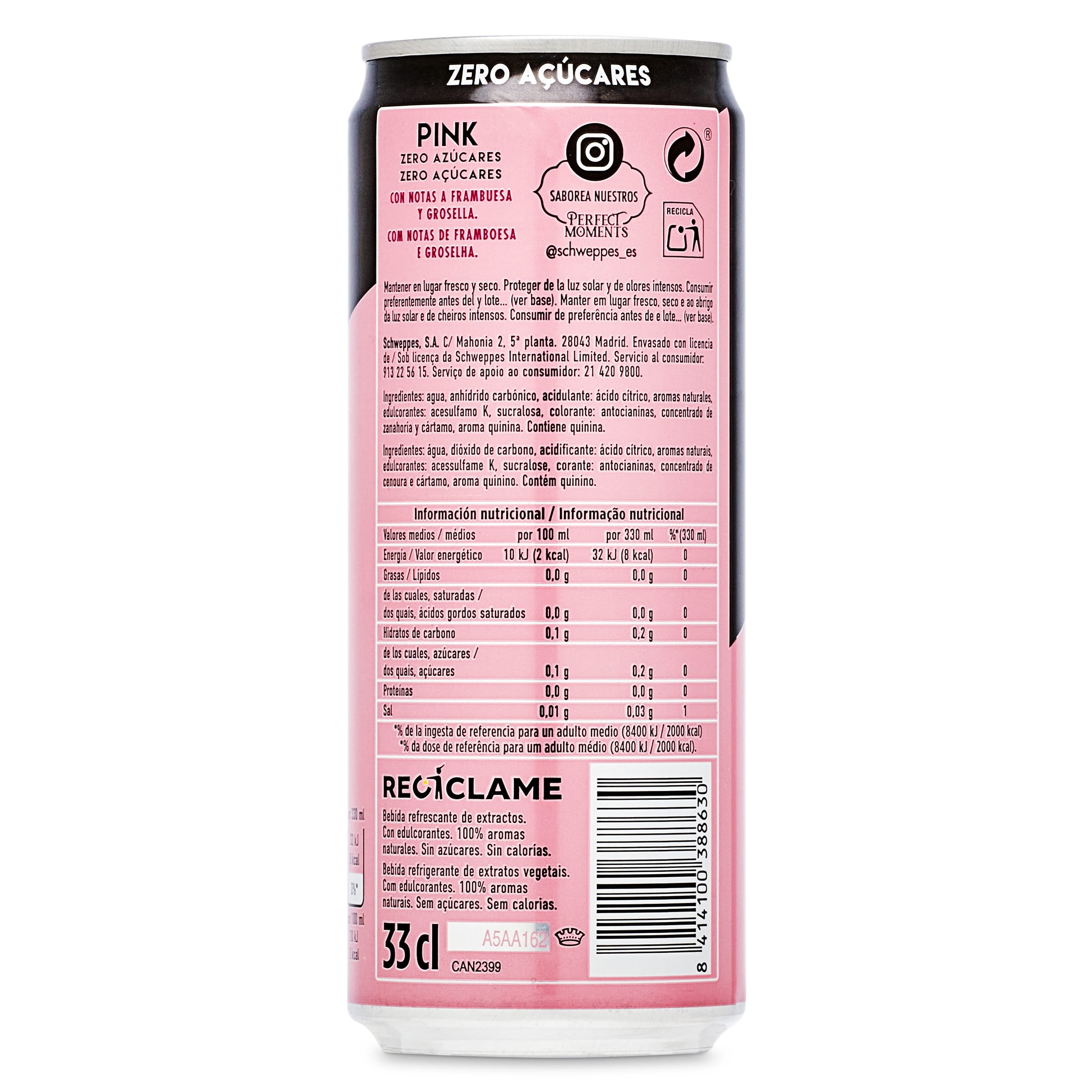 Tónica zero pink Schweppes lata 330 ml