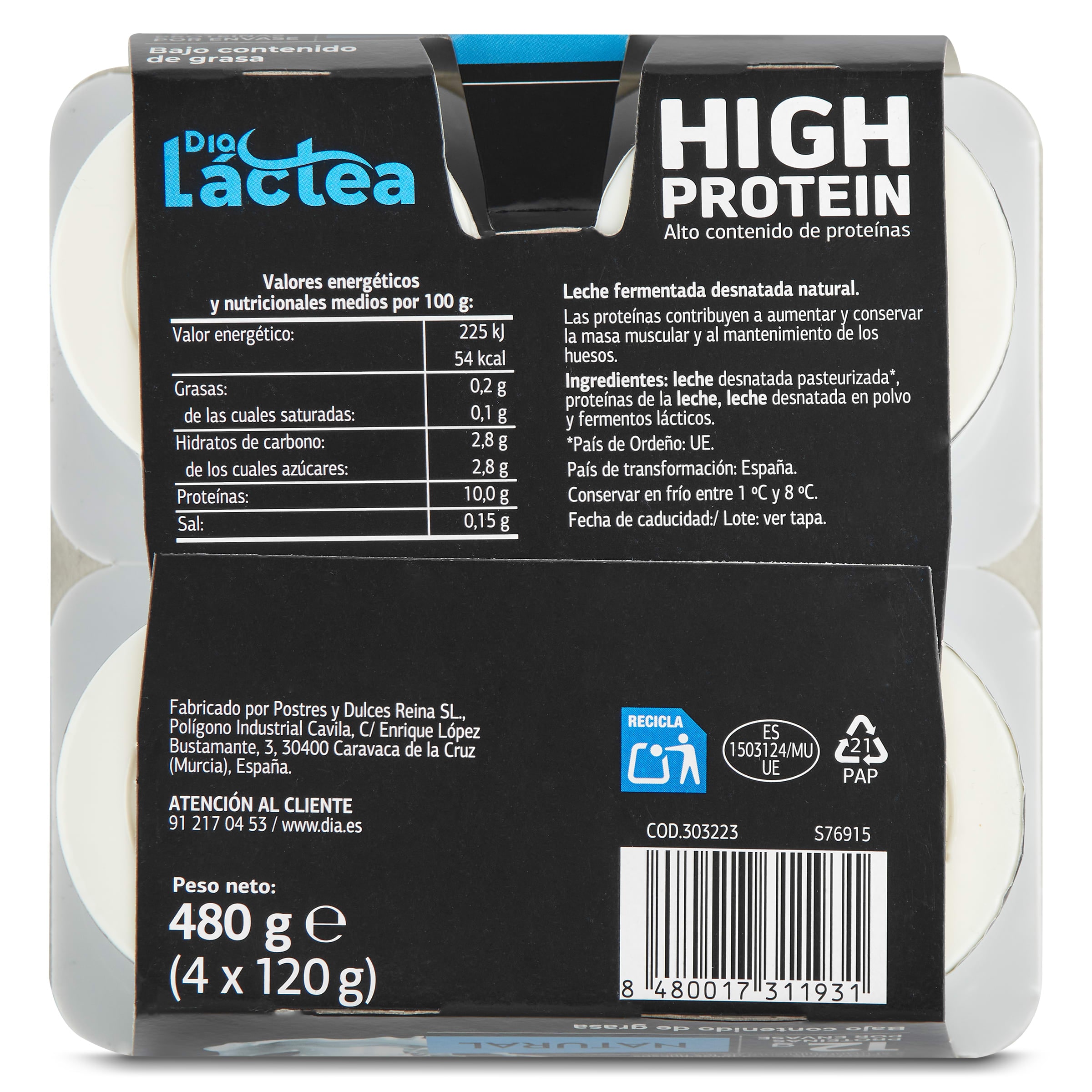 Postre lácteo natural alto en proteína Dia Láctea 4 x 120 g