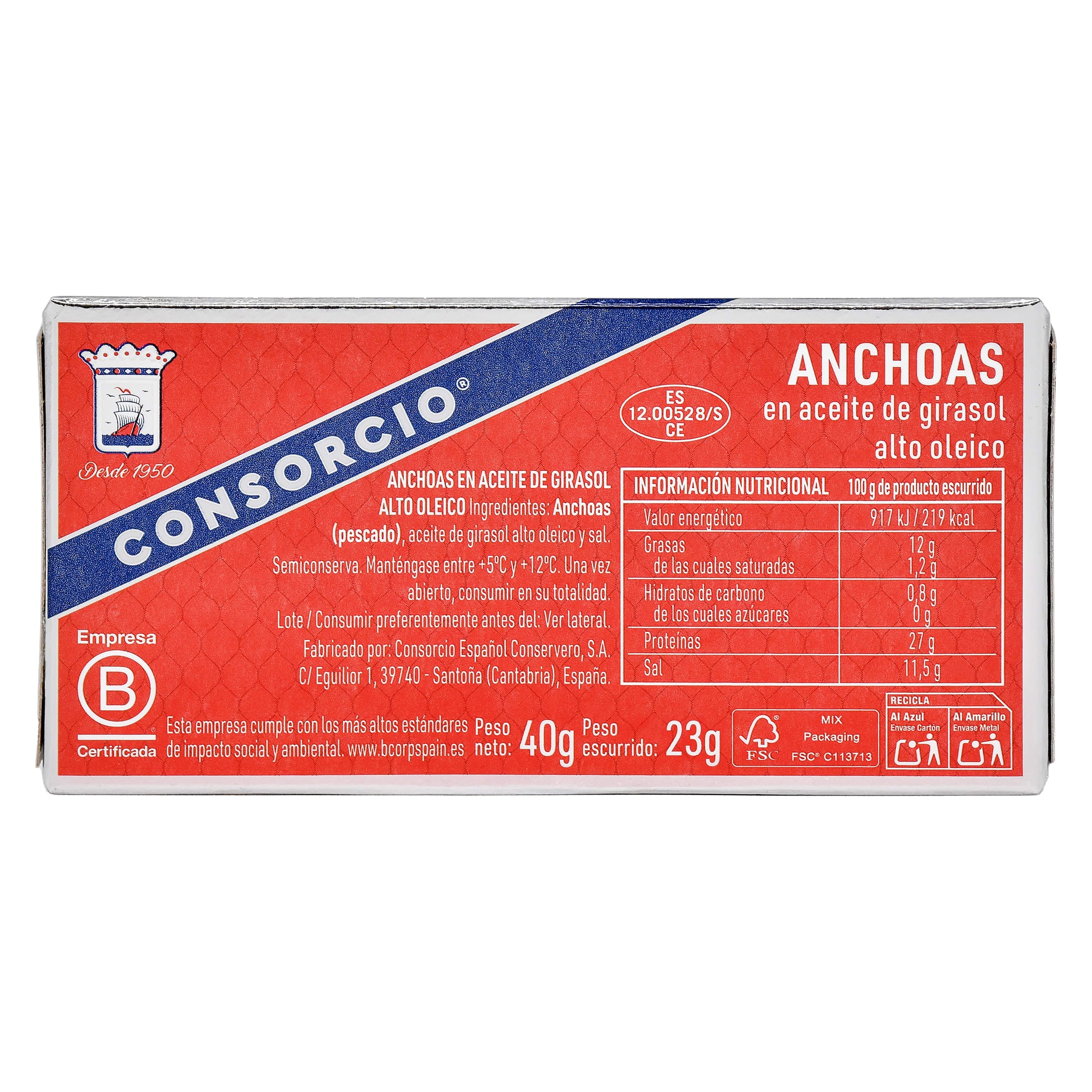 Anchoas en aceite de girasol alto oleico Consorcio 23 g