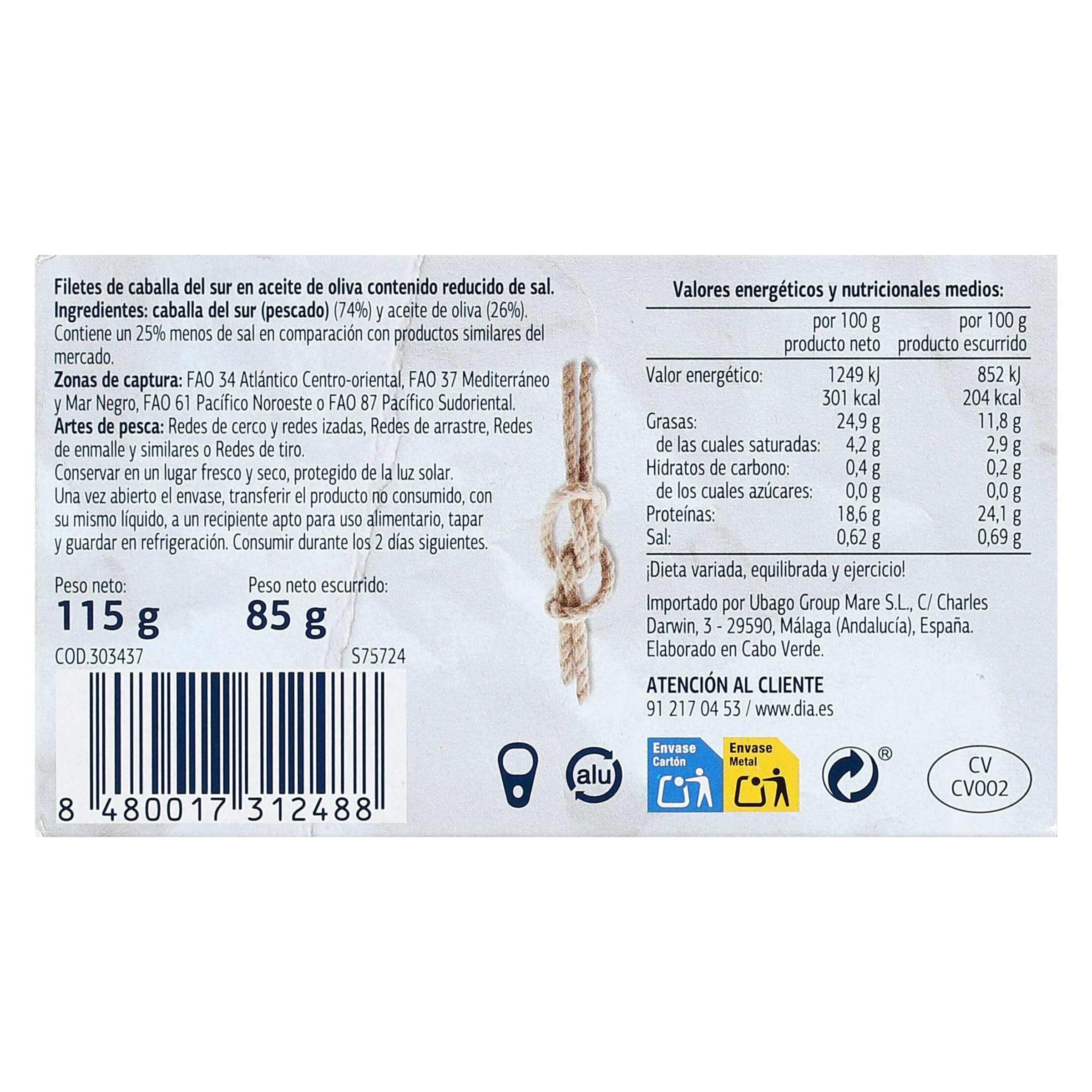 Filetes de caballa en aceite de oliva bajo en sal Dia Mari Marinera 85 g