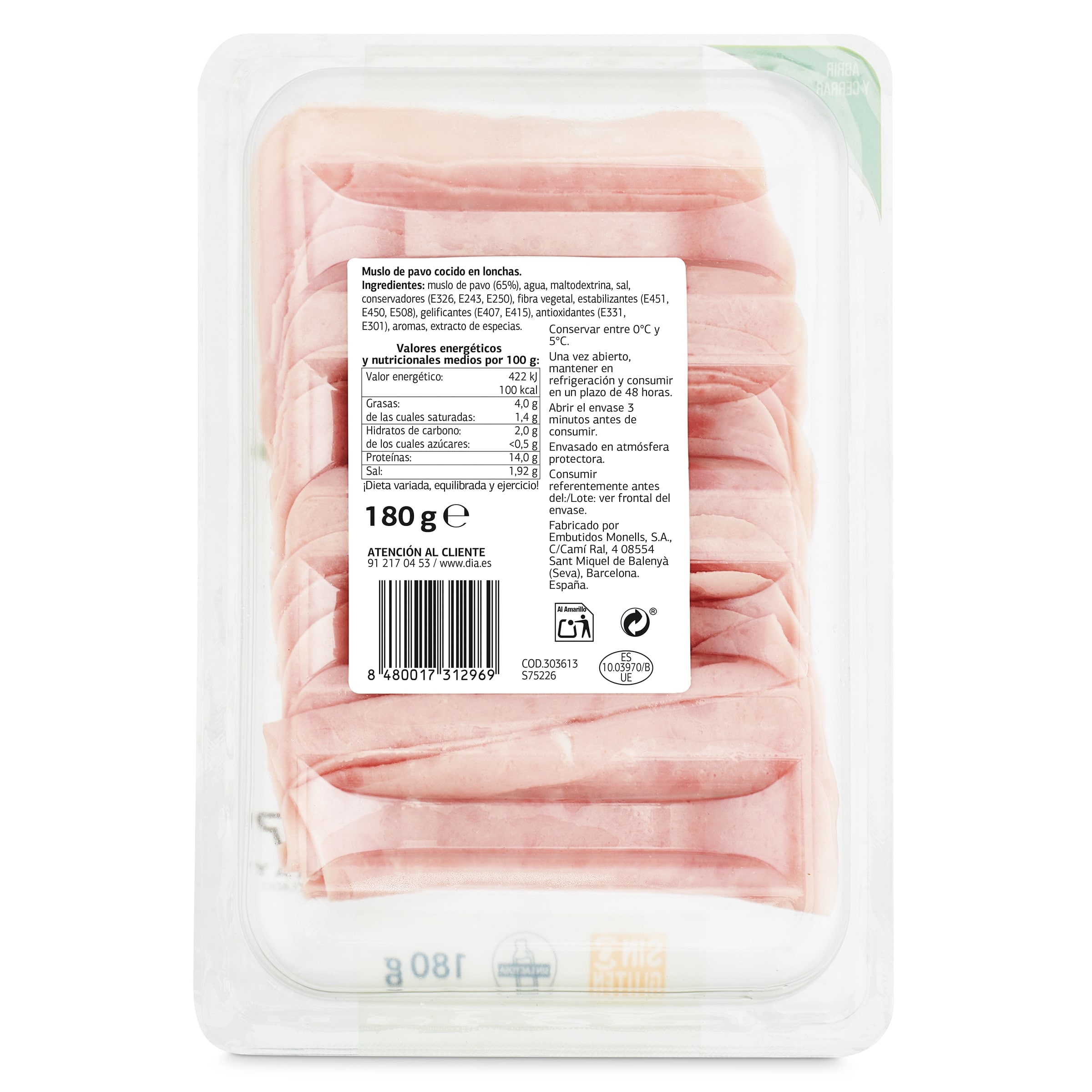 Jamón de pavo finas lonchas Dia Nuestra Alacena 180 g