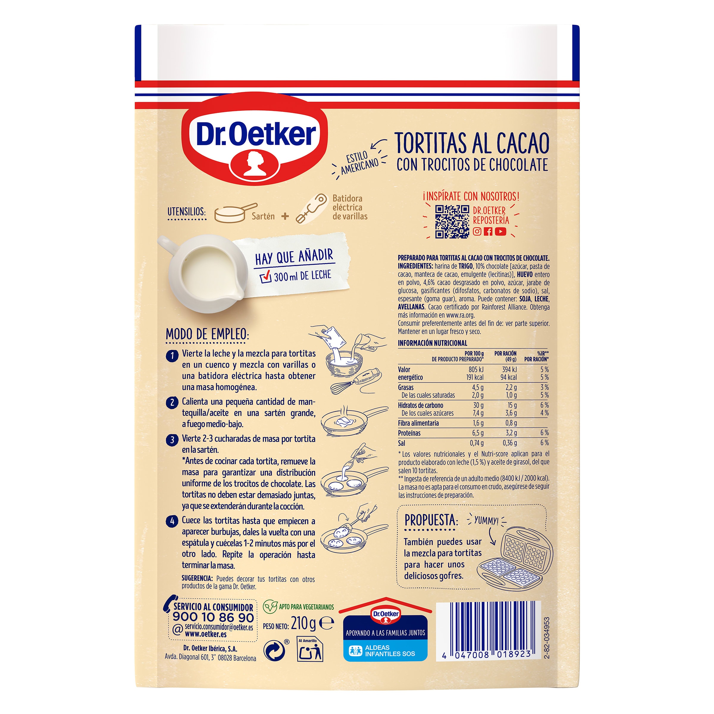 Preparado para tortitas al cacao con chocolate Dr. Oetker 210 g
