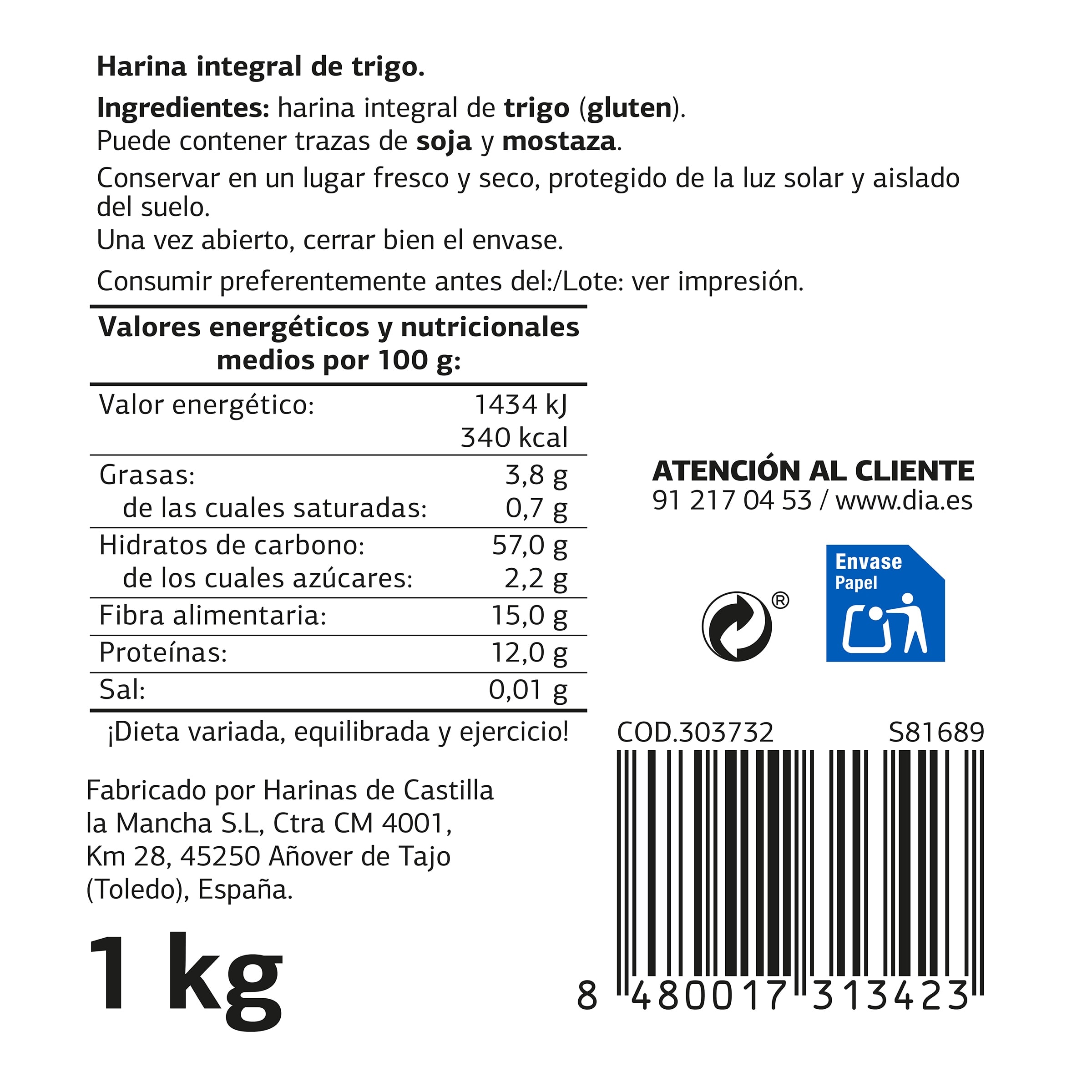 Harina de trigo integral El Molino de Dia 1 Kg
